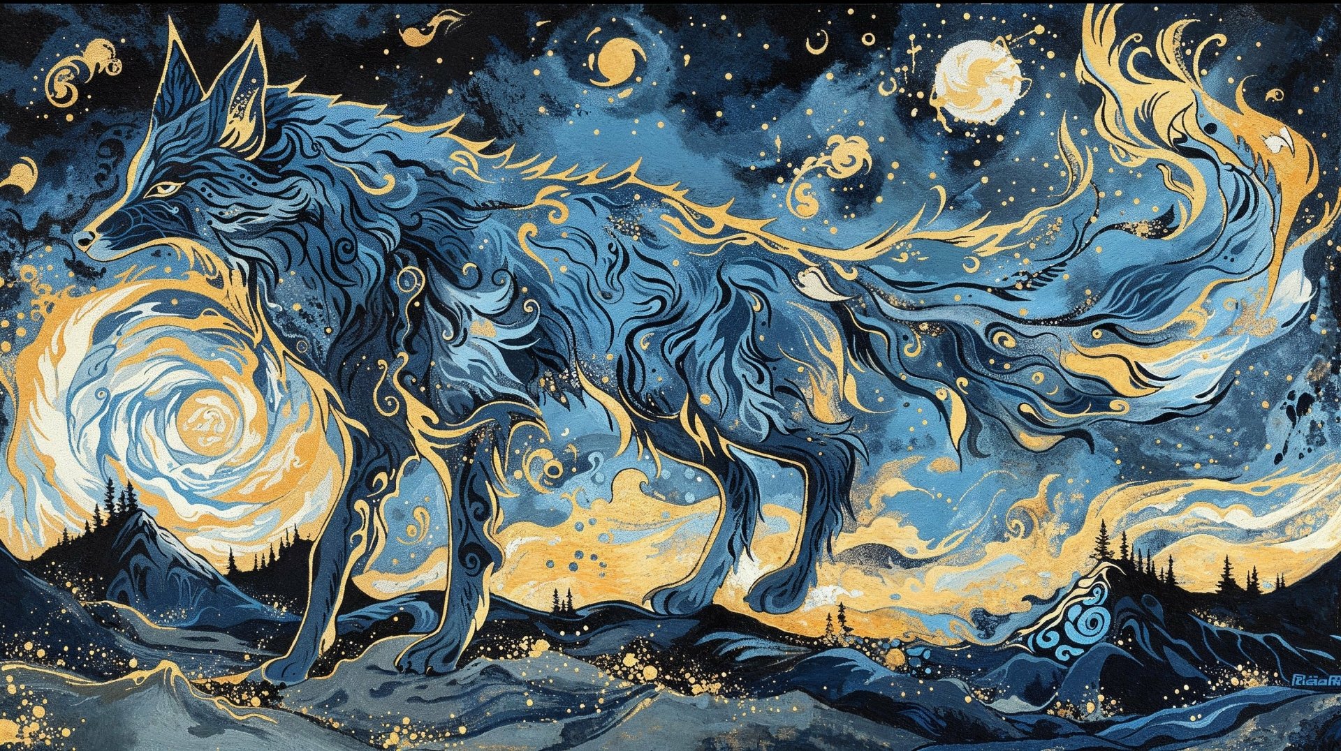 Artistic fantasy HD desktop wallpaper featuring a majestic wolf with flowing, intricate patterns amidst a surreal, starry night background.