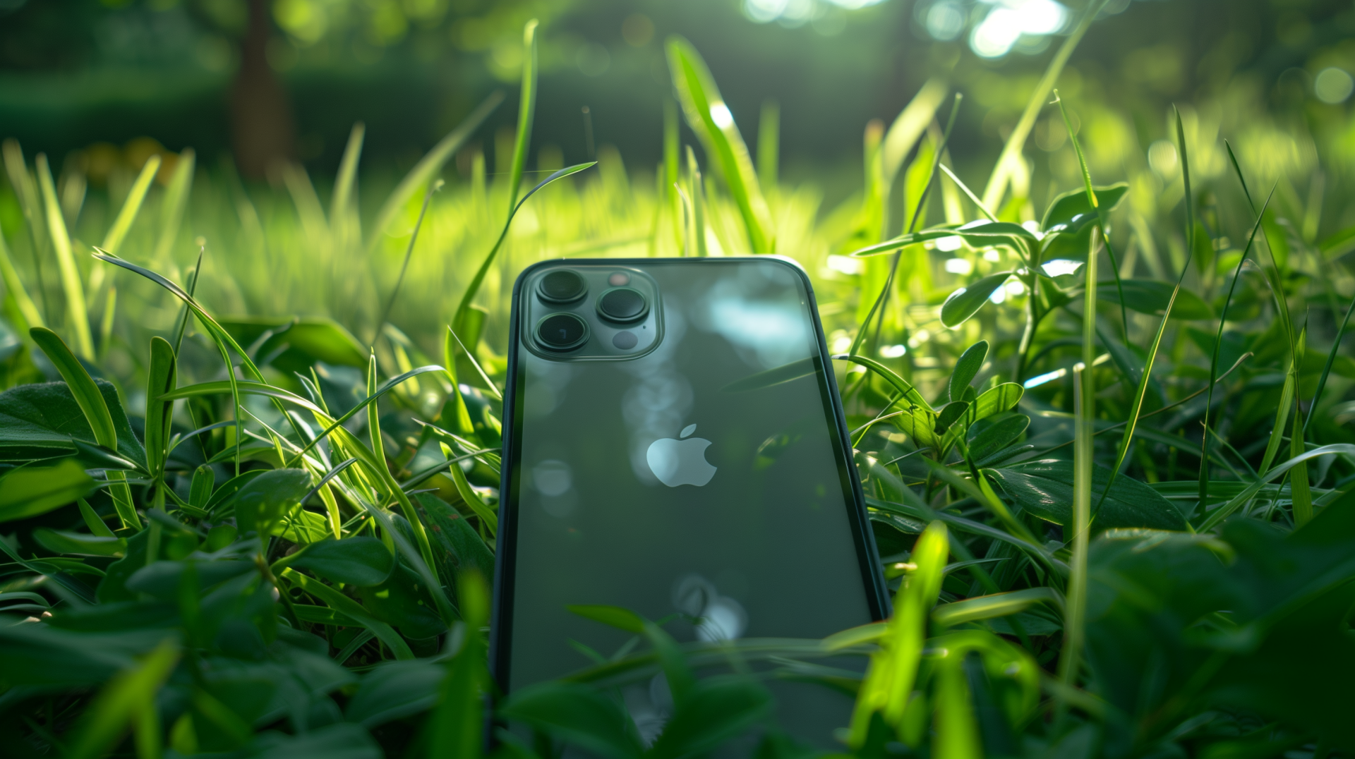 HD desktop wallpaper of an Apple iPhone on grass, highlighting its sleek design and advanced technology against a natural background.