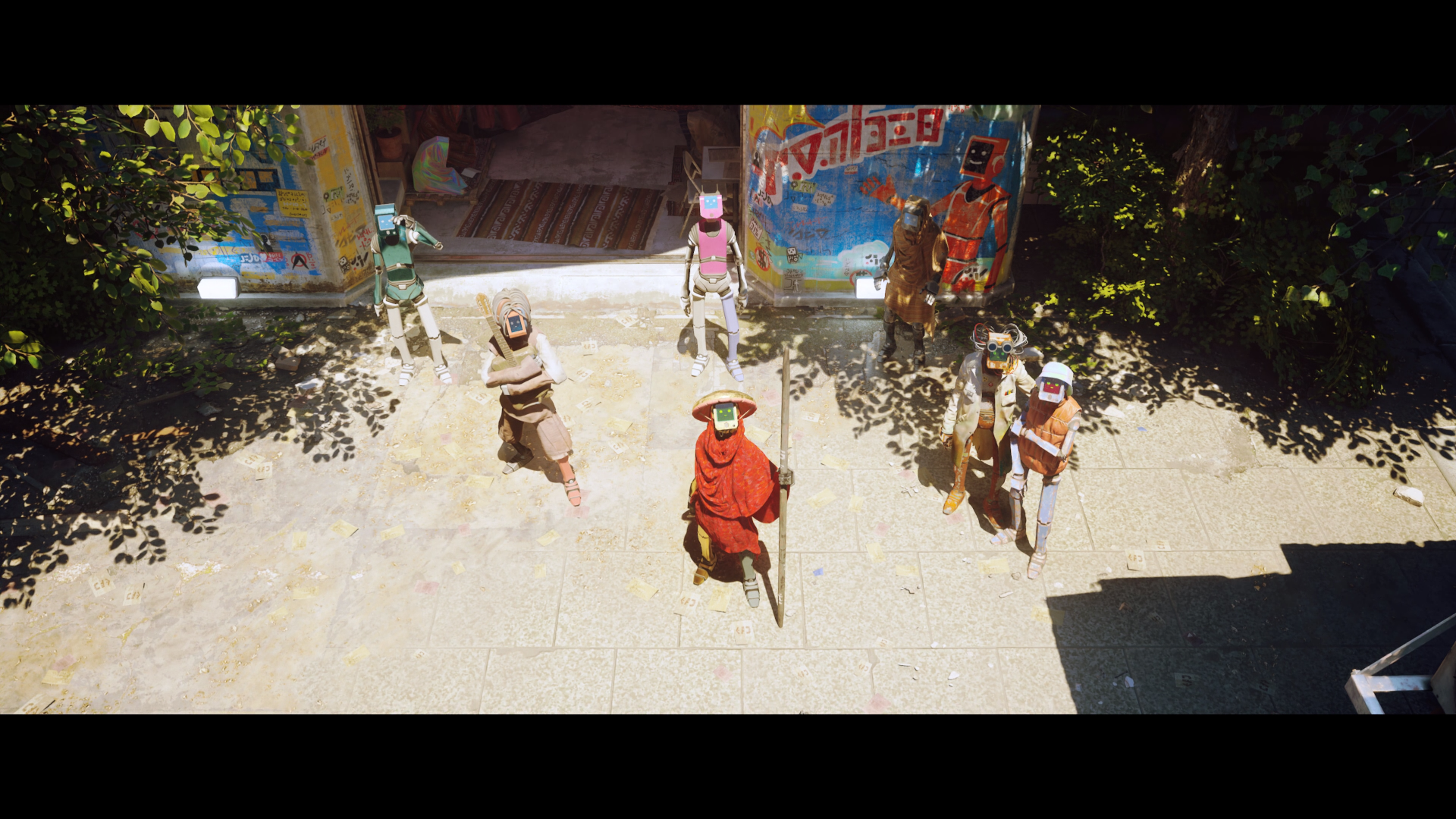 A group of robots with humanoid designs gather outdoors near a colorful building, captured in an HD Stray-themed PC desktop wallpaper.