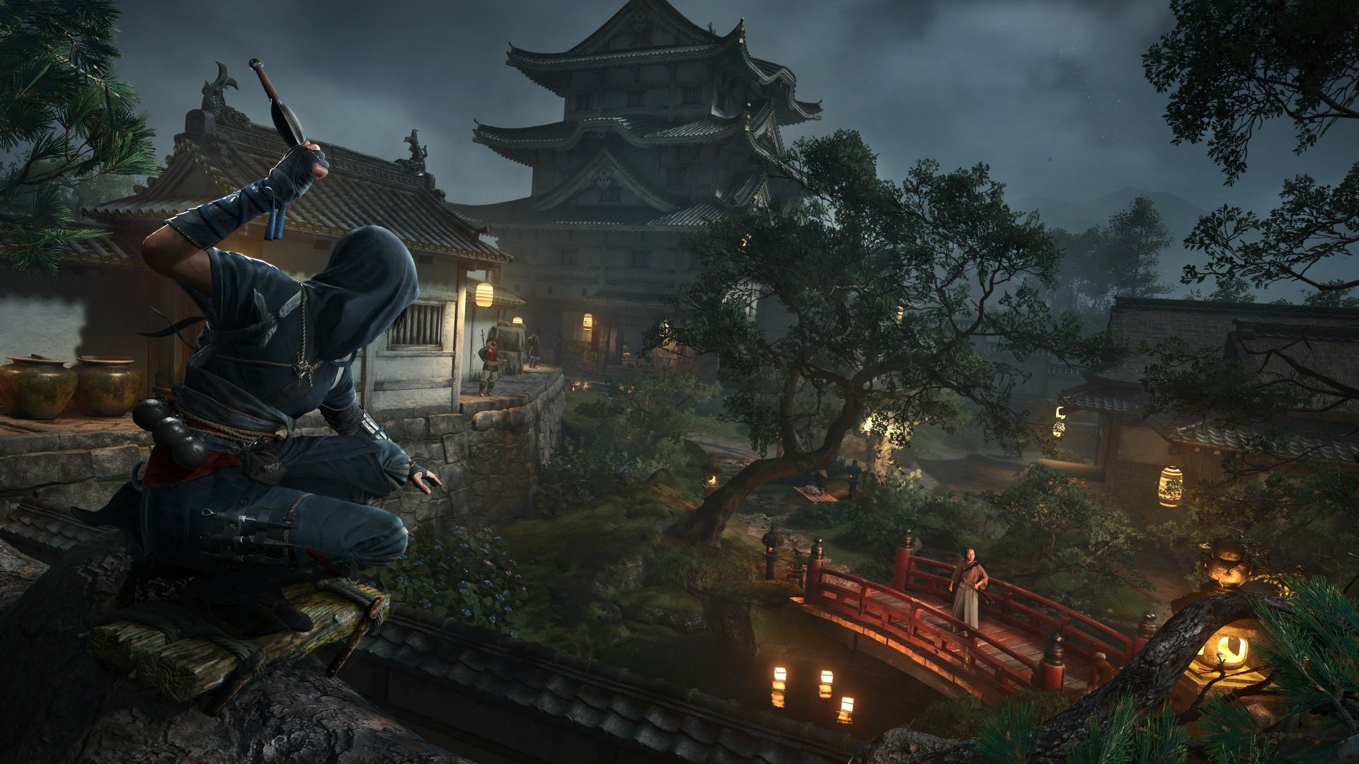 HD desktop wallpaper of the video game Assassin's Creed Shadows featuring a hooded character with a throwing weapon, set in a detailed, moody Japanese-inspired village scene.