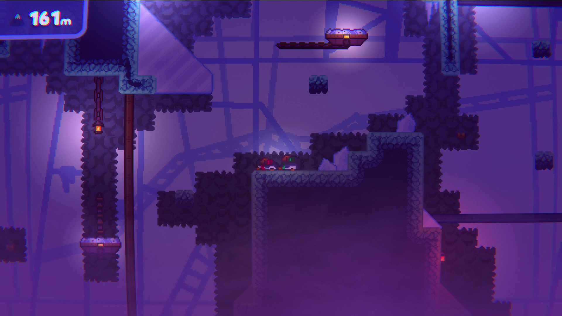 HD desktop wallpaper showcasing a level from the video game Bread & Fred, featuring platforming elements in a dark, mysterious setting with vibrant purple hues.