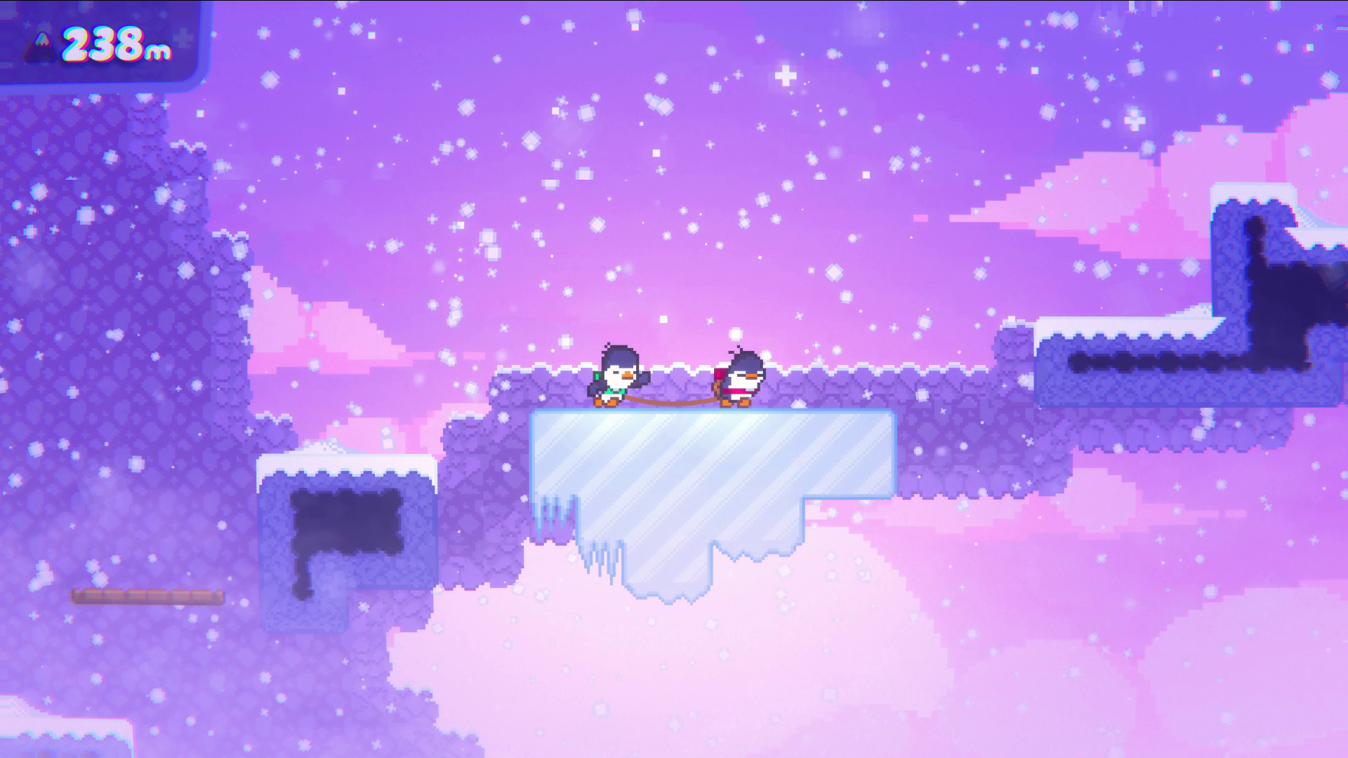 HD desktop wallpaper of the video game Bread & Fred, featuring two characters standing on an icy platform in a snowy, pixelated environment with a purple sky.