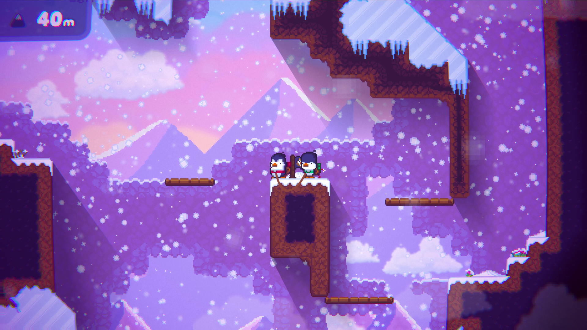 HD desktop wallpaper of Bread & Fred video game featuring two characters on a snowy, mountainous platform. The scene is pixelated with purple hues and detailed cliffs.