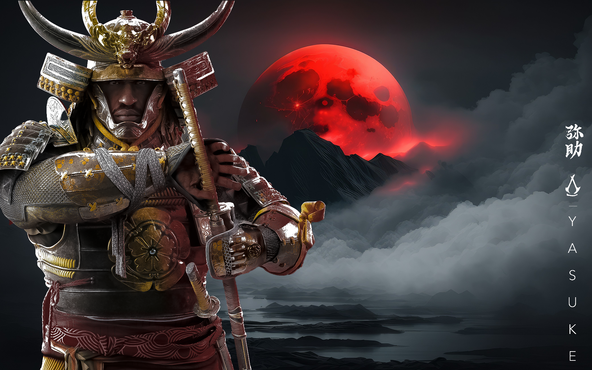 HD PC wallpaper featuring Yasuke from Ubisoft's Assassin's Creed Shadows, depicted as a samurai with a blood-red moon and misty mountains in the background.