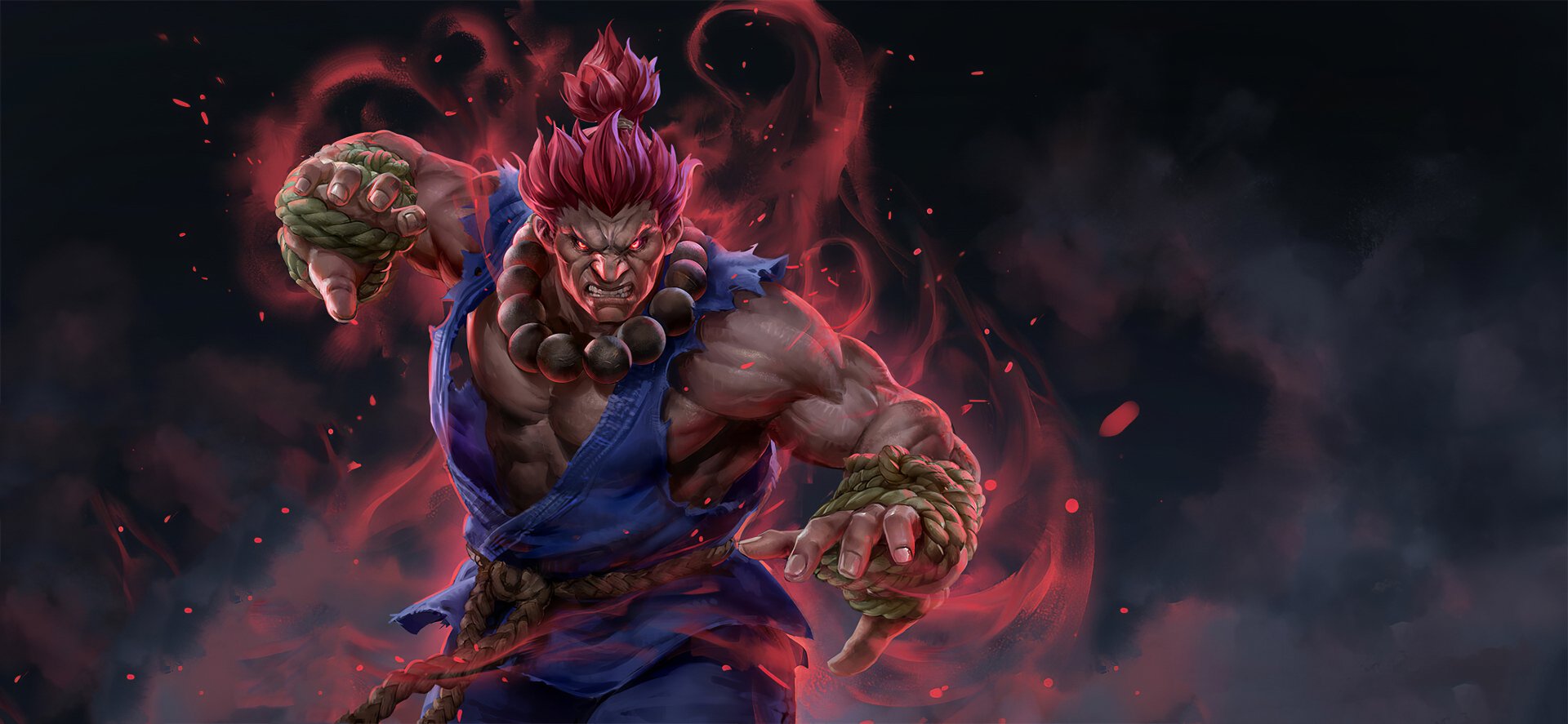 HD desktop wallpaper featuring Akuma from Street Fighter, showcasing his powerful stance with a dark, fiery background.