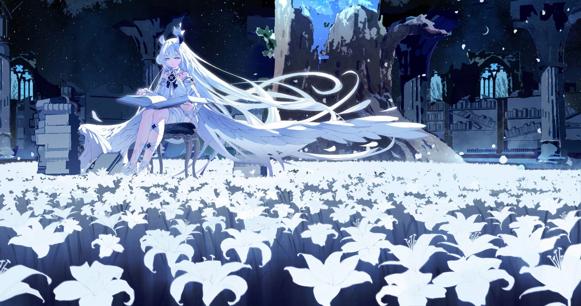 HD desktop wallpaper featuring Hatsune Miku and Yuki Miku with flowing white hair, surrounded by glowing white flowers in a mystical nighttime setting.