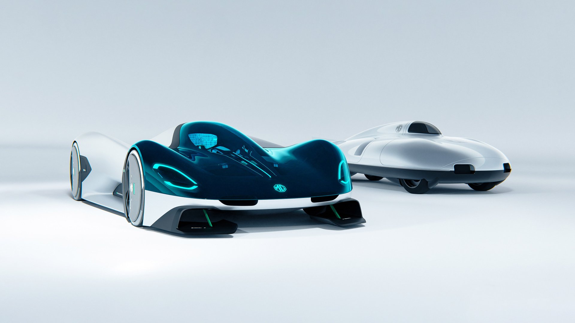 HD desktop wallpaper featuring MG EXE181 cars in a sleek, modern design with a minimalistic white background.