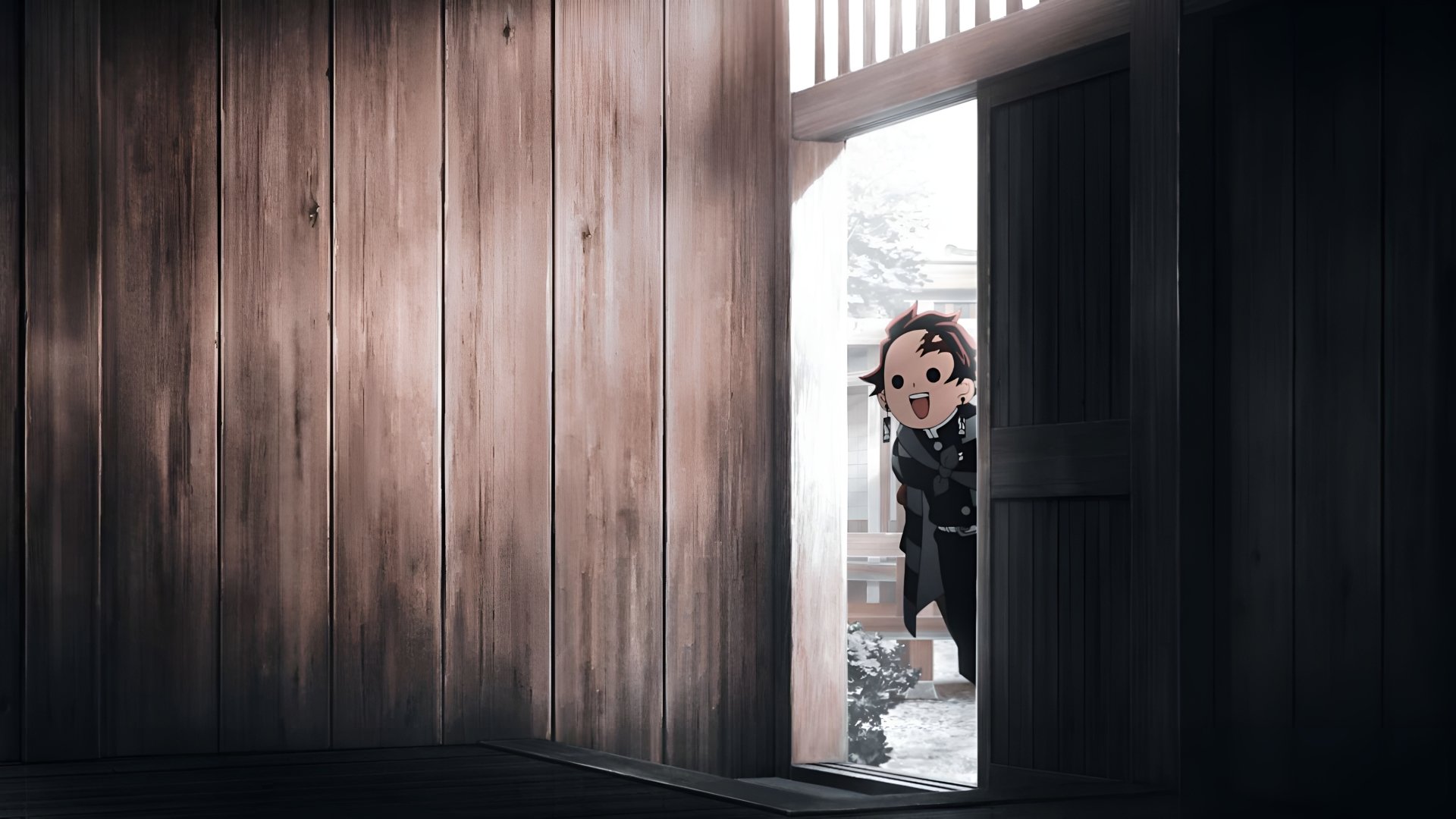 4K Ultra HD anime wallpaper featuring Tanjiro Kamado from Demon Slayer: Kimetsu no Yaiba peeking through a doorway in a traditional wooden building.