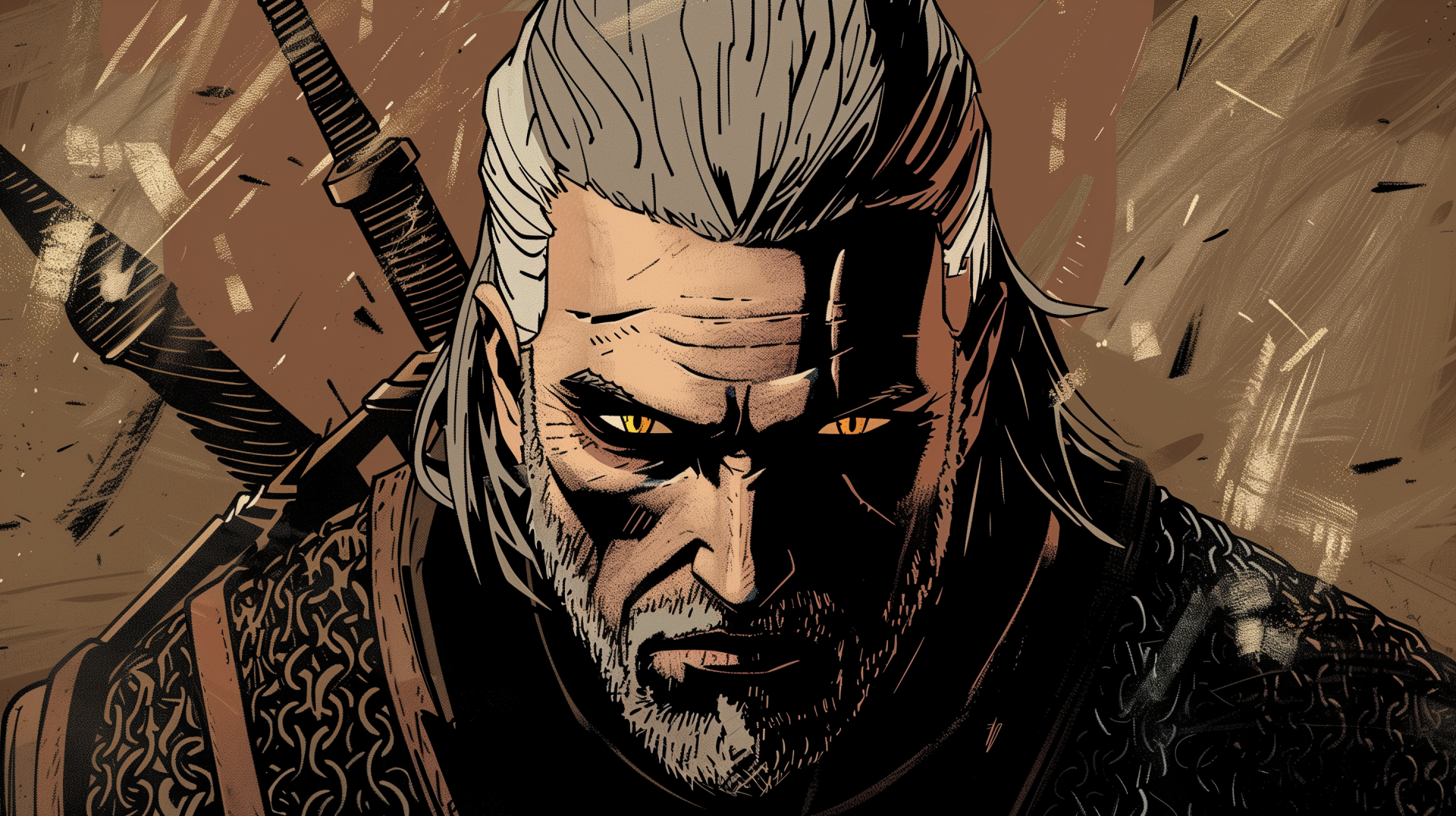 HD desktop wallpaper featuring Geralt of Rivia from The Witcher video game, showcasing his intense expression and detailed armor.