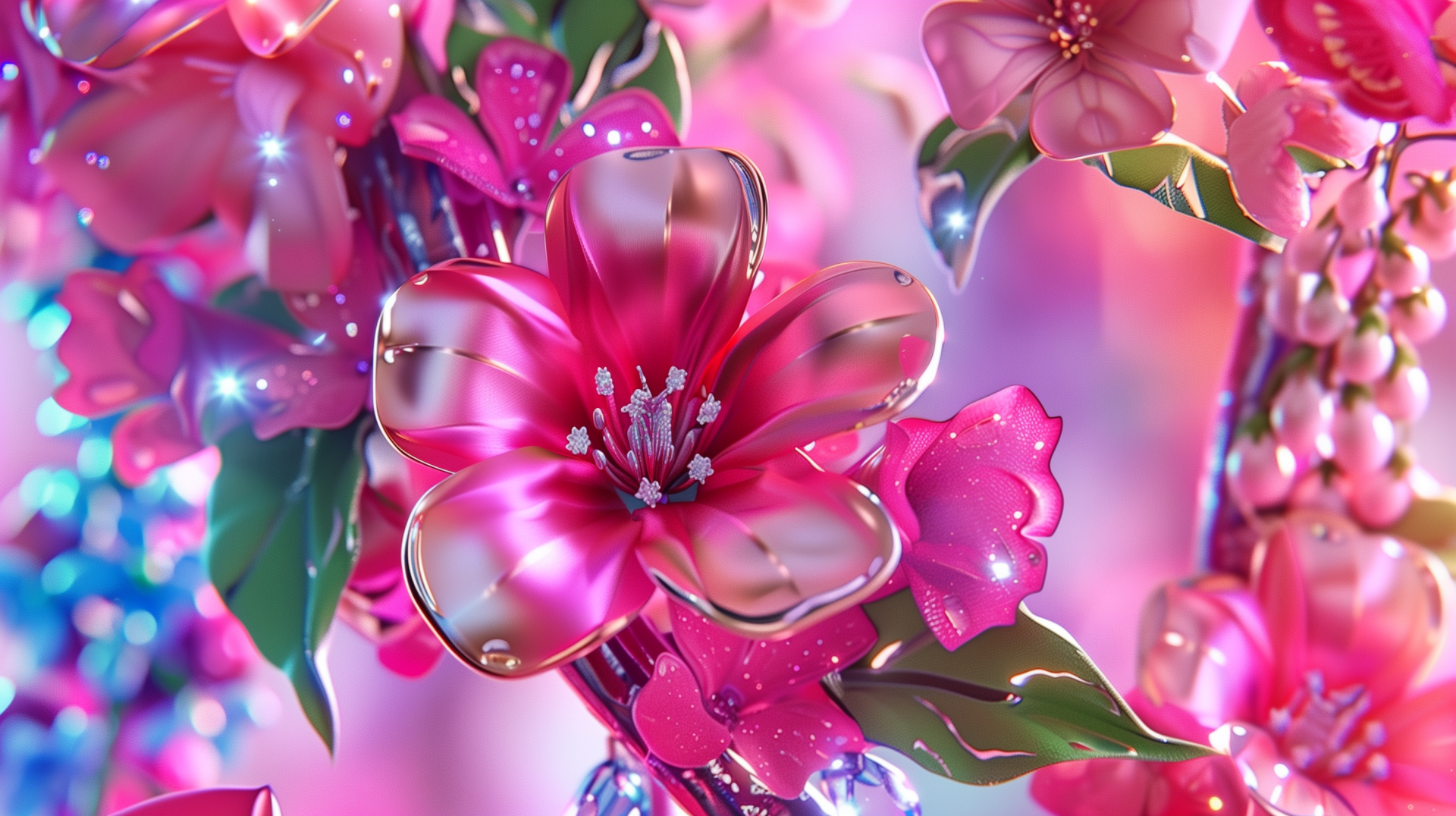 Close-up HD wallpaper of vibrant pink flowers, emphasizing the detailed petals and rich pink aesthetic, set against a soft, colorful background.