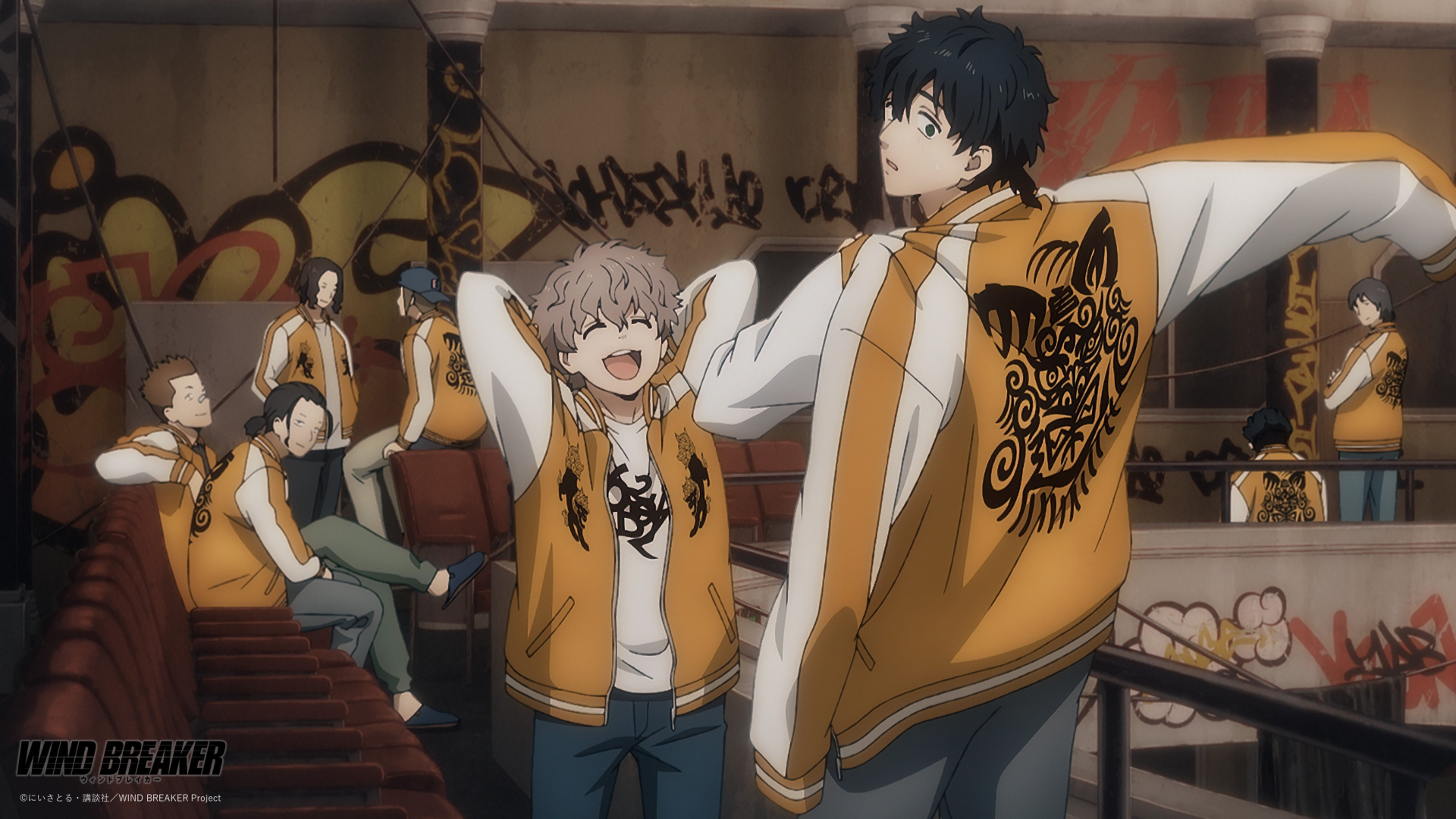HD desktop wallpaper featuring characters from the anime Wind Breaker. The characters are in a group setting, wearing yellow jackets with intricate designs and are in a graffiti-filled room.