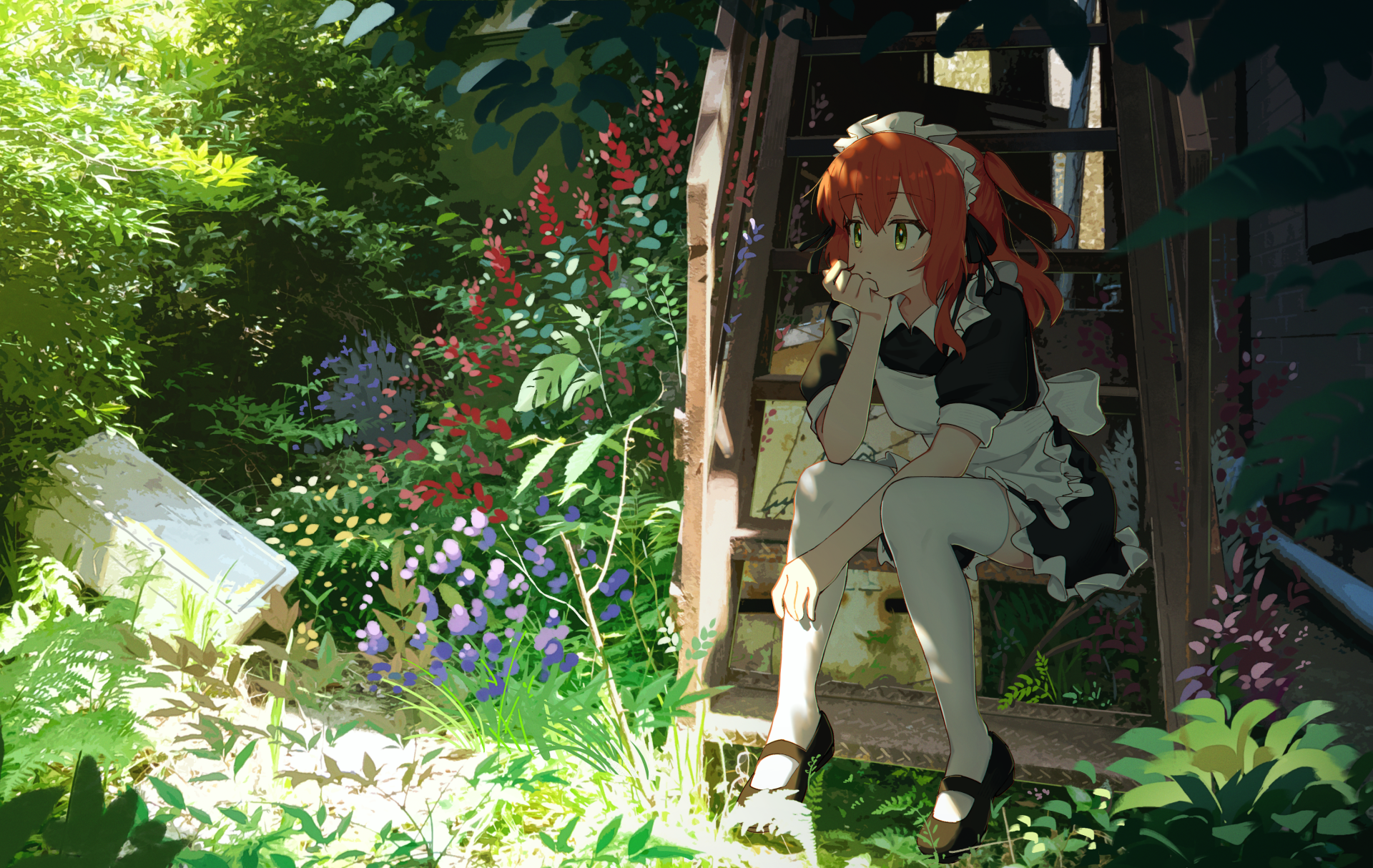 Anime HD PC wallpaper featuring Ikuyo Kita from Bocchi the Rock!, sitting thoughtfully on wooden stairs surrounded by lush greenery and vibrant flowers.