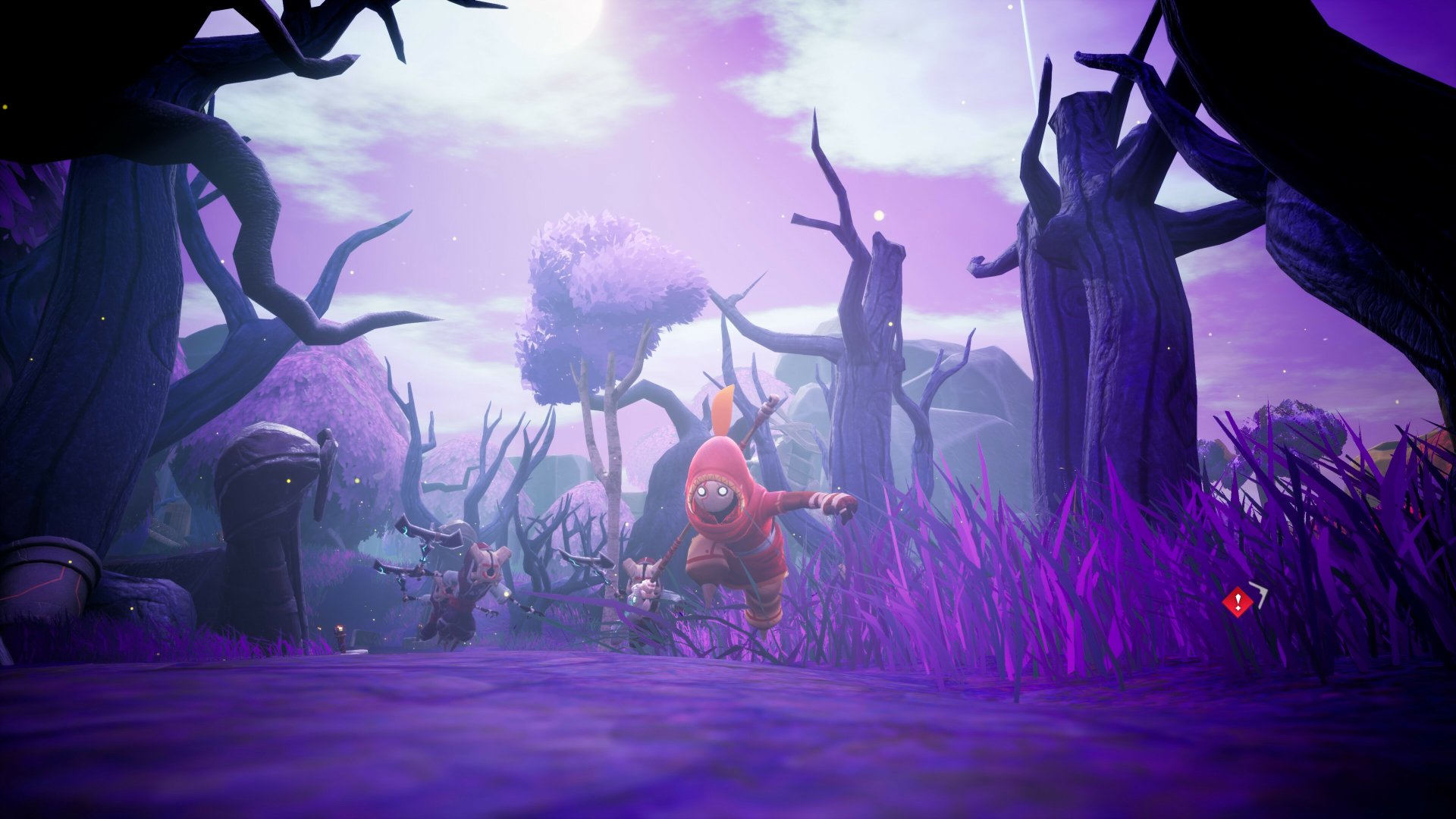 HD wallpaper and background featuring a scene from the video game Astor: Blade of the Monolith, showcasing a mystical purple forest with eerie trees and characters in dynamic poses.