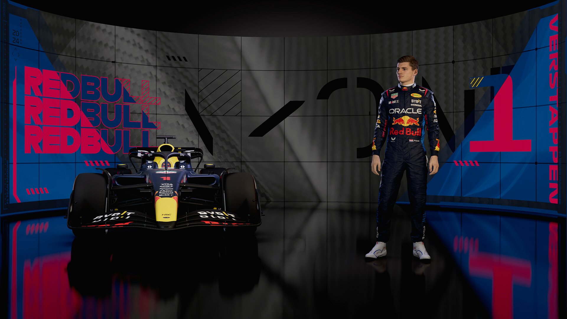 HD desktop wallpaper of F1 24 video game, featuring a race car and a driver in Red Bull Racing attire, set against a backdrop with vivid graphics and the game's title.