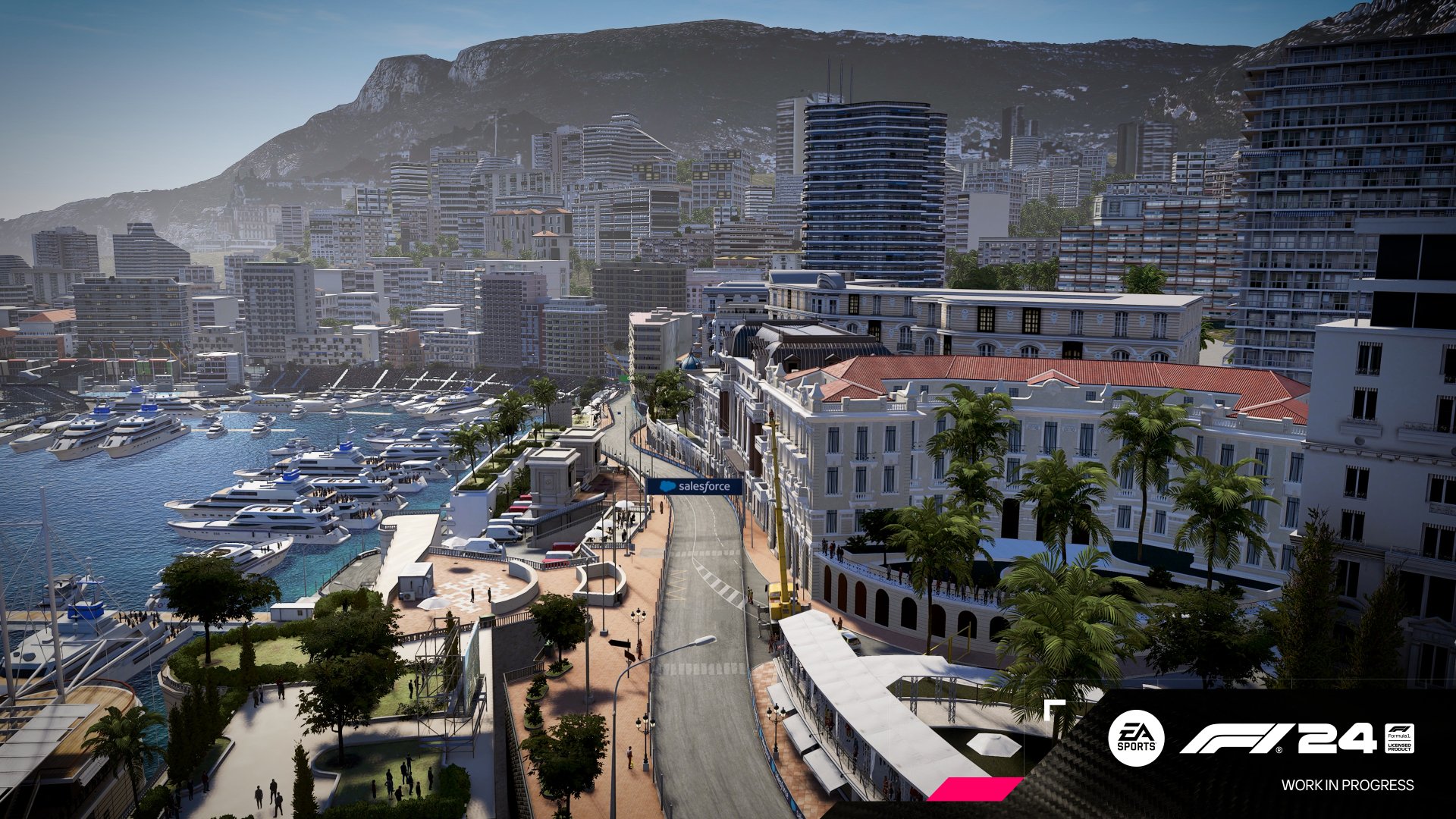 HD desktop wallpaper and background from the video game F1 24, showcasing a detailed cityscape with a racing circuit, luxury yachts in the marina, and mountainous terrain in the background.