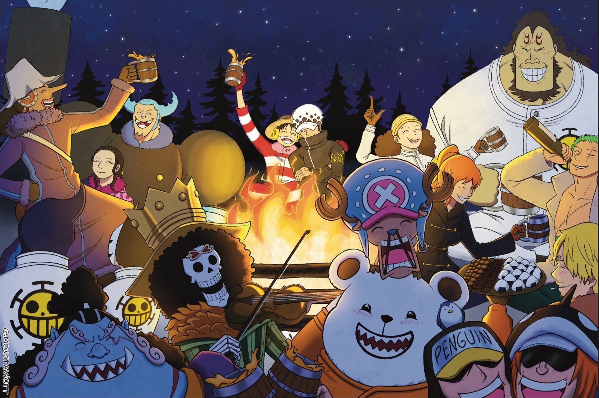 HD PC desktop wallpaper featuring lively One Piece anime characters gathered around a campfire in a nighttime forest setting.