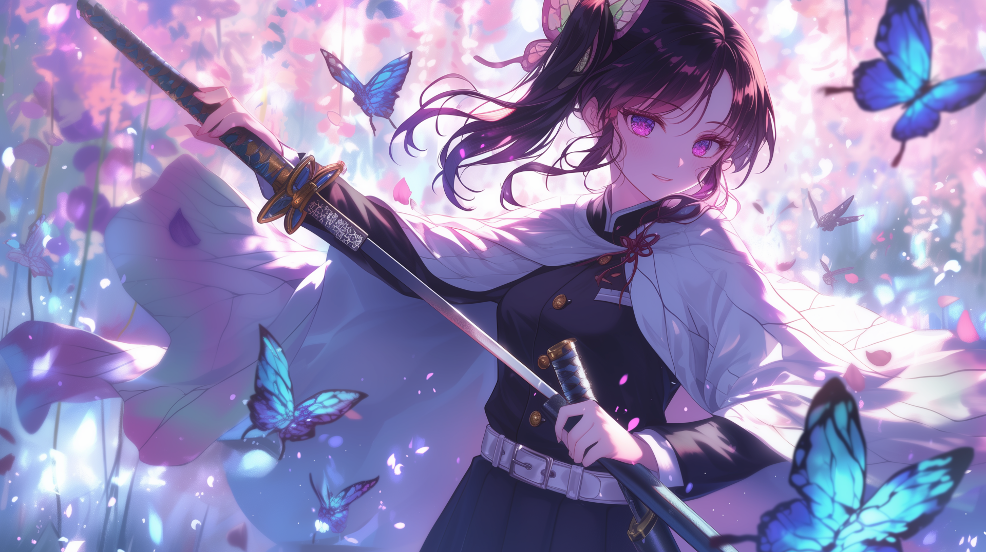 HD desktop wallpaper featuring Kanao Tsuyuri from the anime Demon Slayer: Kimetsu no Yaiba. She is surrounded by colorful butterflies with a cherry blossom background.
