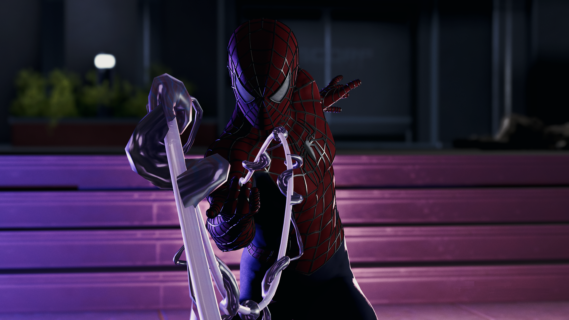 HD PC desktop wallpaper/background of Spider-Man from the movie, firing a web in a dramatic pose against purple-lit steps.