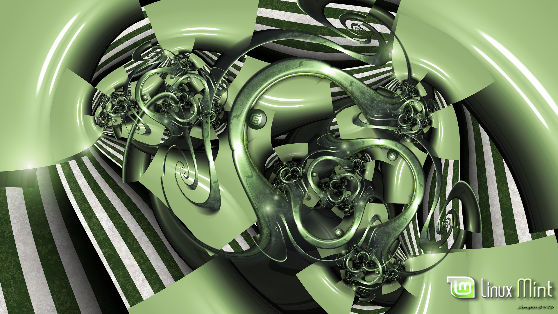 4K Ultra HD Linux Mint desktop wallpaper featuring a green fractal design with swirling, metallic shapes and intricate patterns.