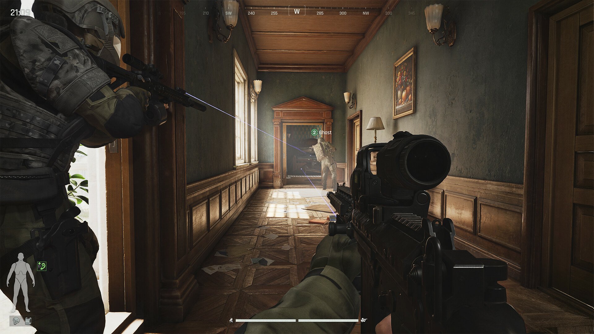 HD desktop wallpaper of Arena Breakout: Infinite video game showing a tense first-person shooter action scene in a dimly lit hallway with a soldier aiming a rifle.