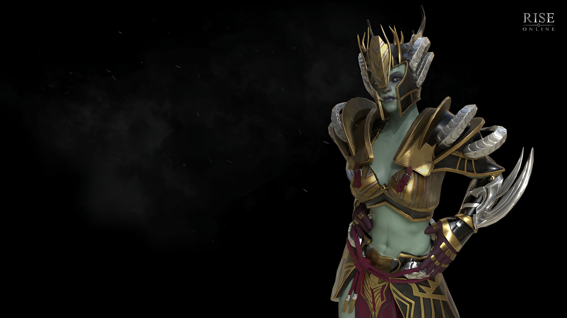 HD desktop wallpaper featuring a character from the video game Rise Online. The character is adorned in intricate, gold-accented armor, set against a dark background.