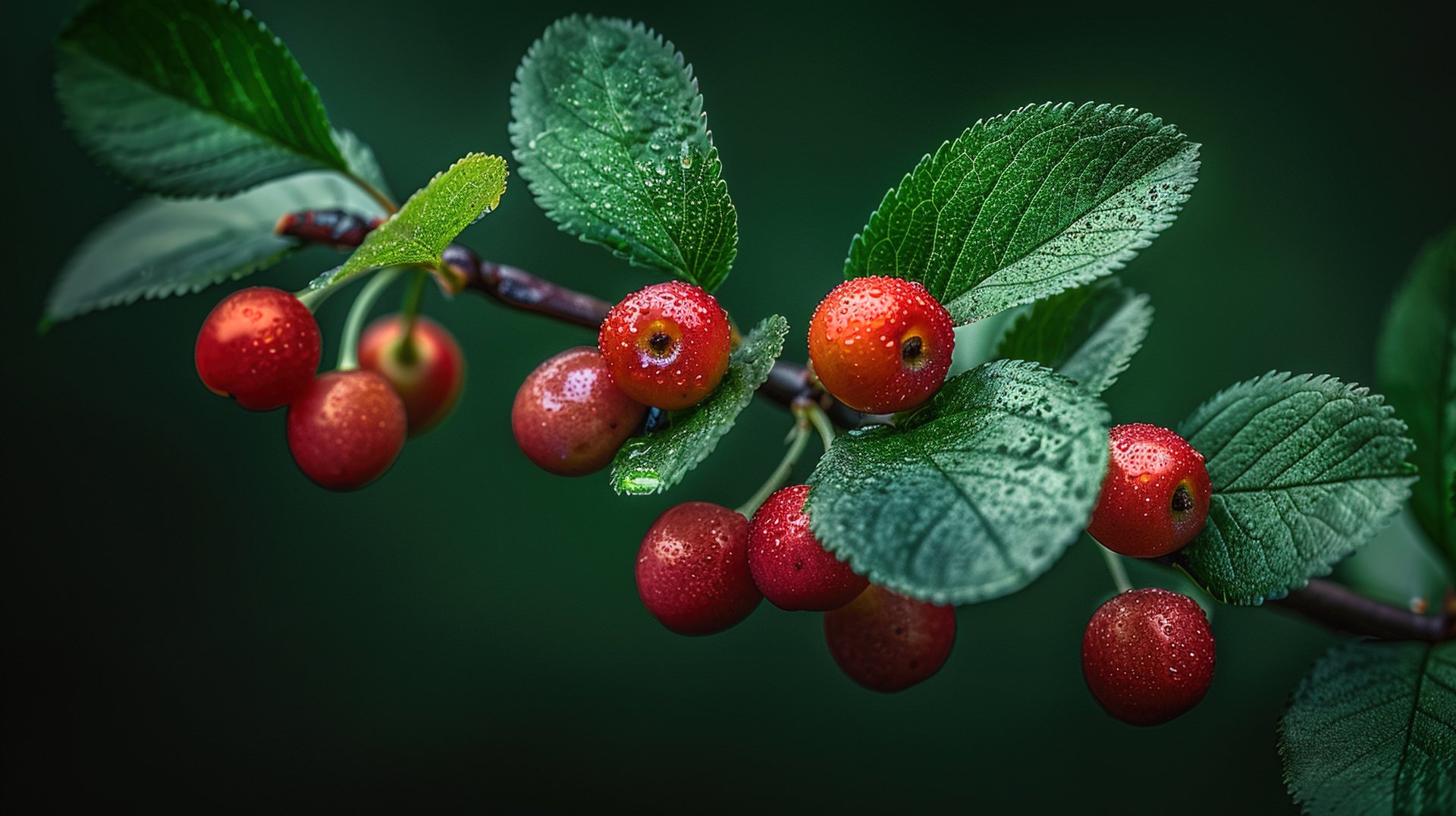 Close-up of vibrant red cherries with green leaves covered in dew, captured in 4K Ultra HD as a vivid food and fruit desktop wallpaper background.