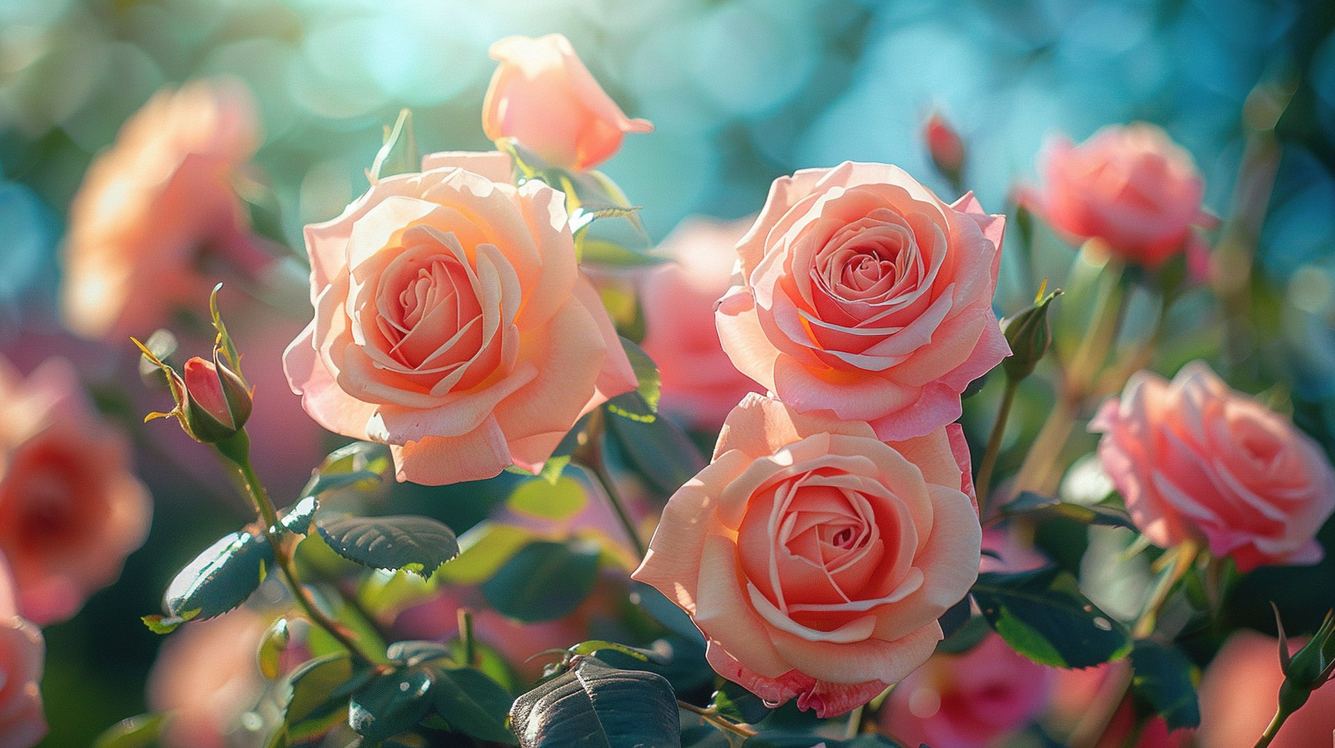 5K Ultra HD PC desktop wallpaper and background of pink roses in bloom: close-up of rose flowers and plant with soft bokeh, evoking Valentine's Day.
