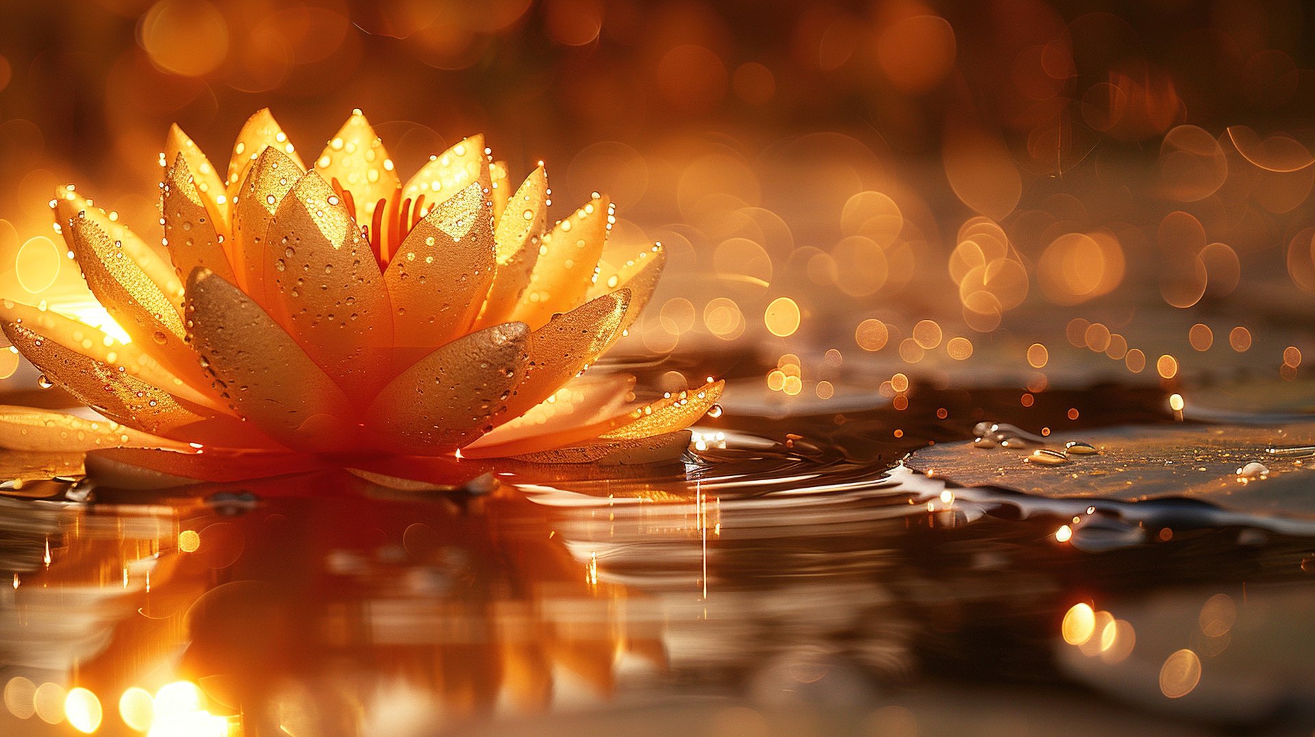 Aesthetic 4K Ultra HD wallpaper showcasing a glowing gold water lily flower with delicate droplets on its petals, resting on calm reflective water.