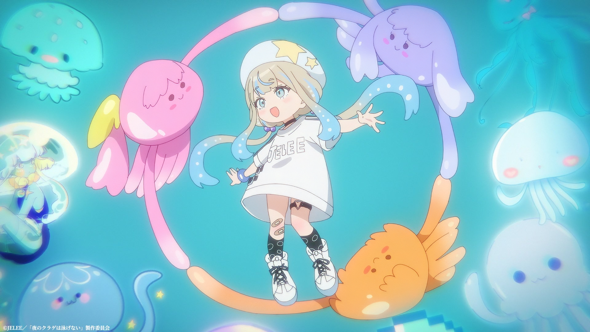 HD desktop wallpaper featuring an anime character from Jellyfish Can’t Swim in the Night, surrounded by colorful, whimsical jellyfish against a soft, blue background.