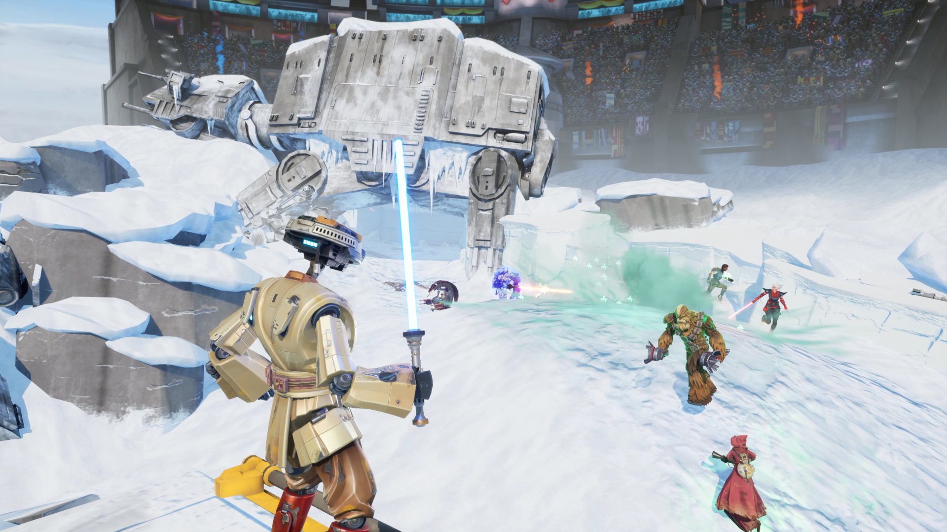 HD desktop wallpaper featuring a dynamic scene from the video game Star Wars: Hunters. Characters engage in battle on a snowy battlefield with a large AT-AT walker in the background.