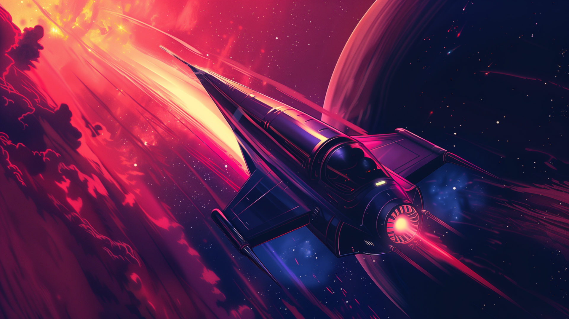 HD wallpaper of a spaceship gliding through vibrant space, with stunning planetary background and streaming colorful lights.