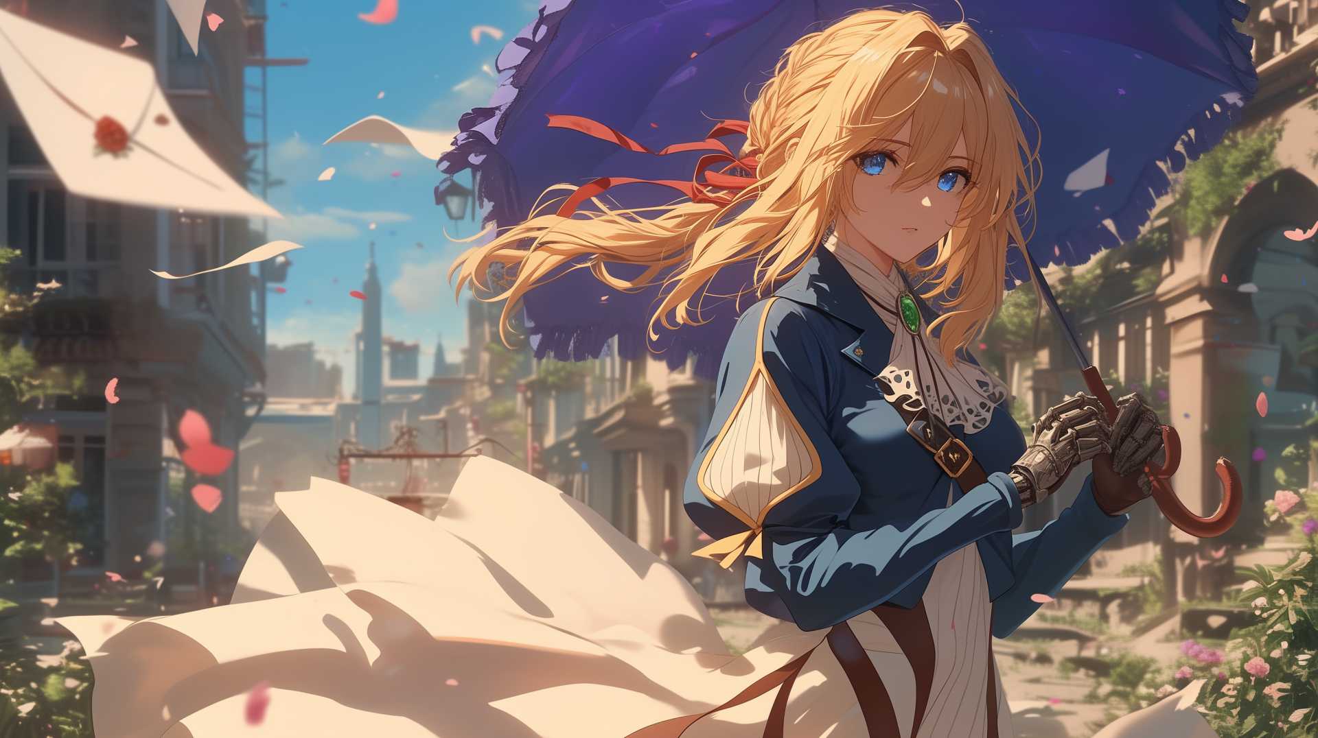 HD desktop wallpaper featuring Violet Evergarden, the character from the anime Violet Evergarden, holding an elegant purple umbrella, with a picturesque town in the background.