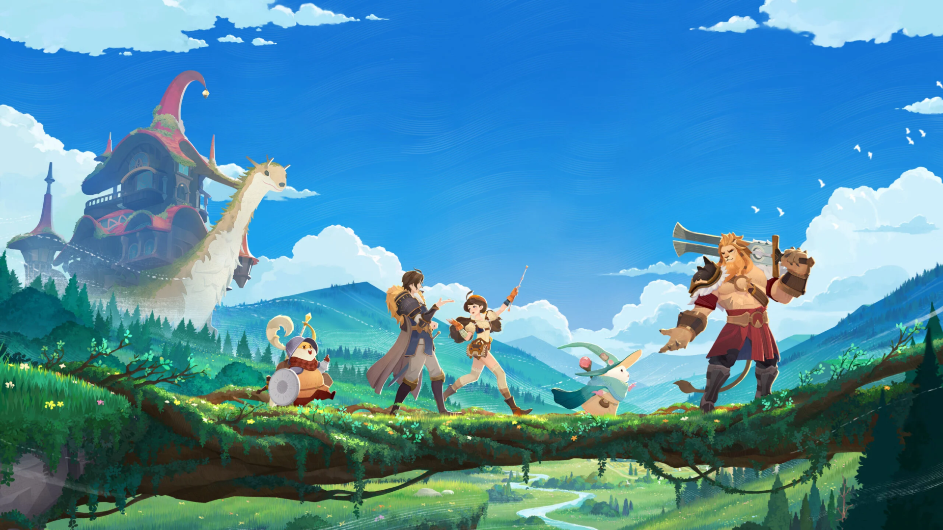 HD desktop wallpaper and background from the video game AFK Journey, depicting characters journeying through a lush, vibrant landscape with a blue sky and a whimsical structure in the distance.