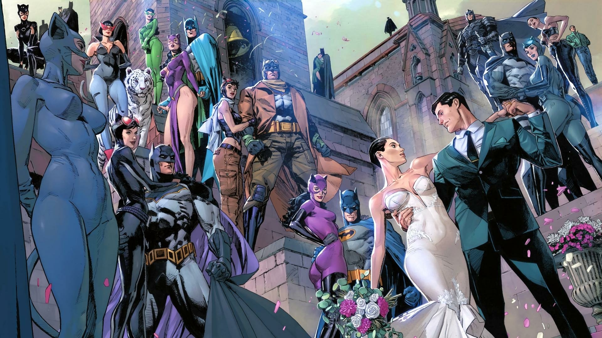 HD PC desktop wallpaper featuring Batman and Catwoman in a dramatic city scene, illustrated by Clay Mann with a mix of heroes and villains surrounding them.