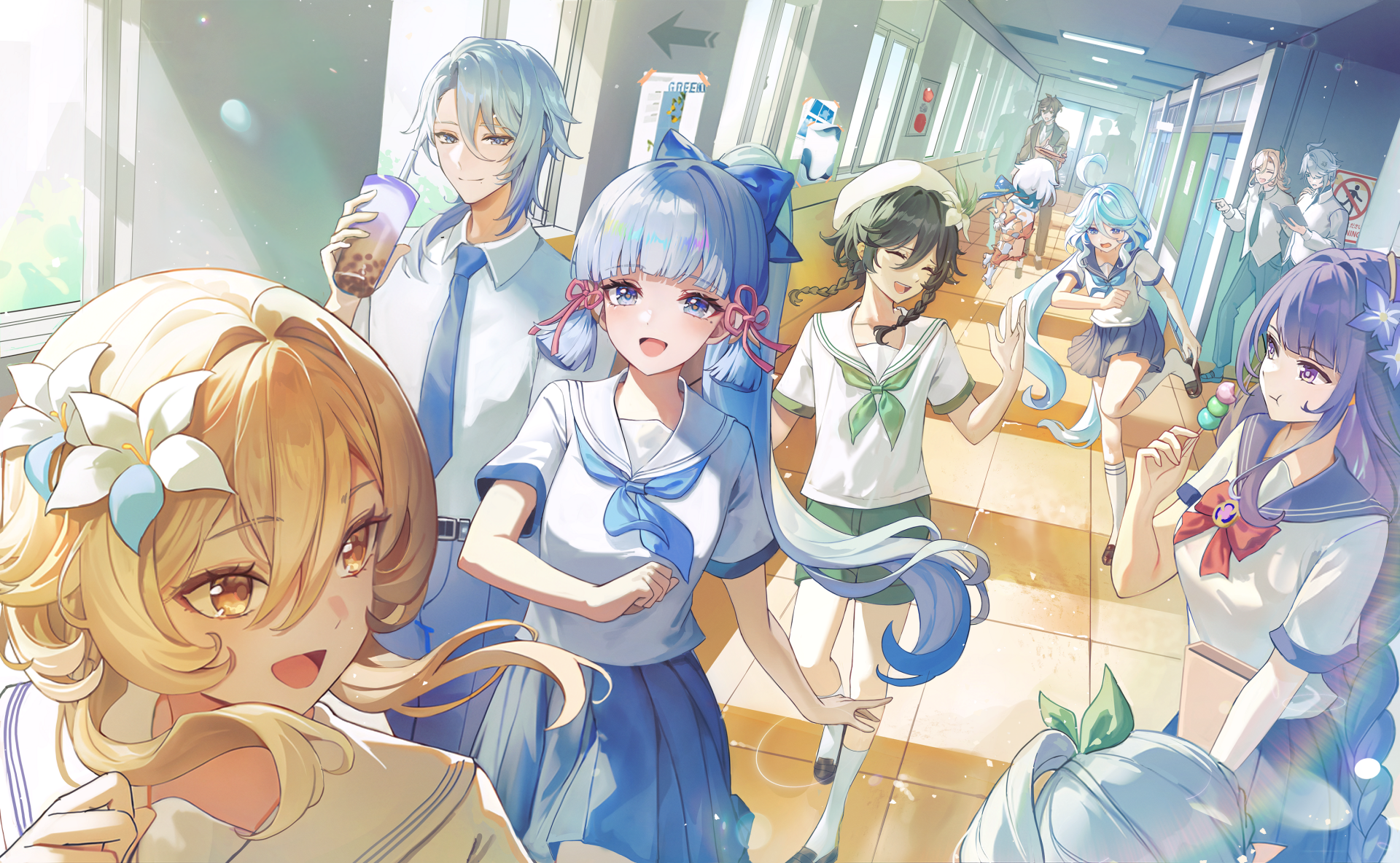 HD PC desktop wallpaper featuring Genshin Impact characters Lumine, Kamisato Ayaka, Kamisato Ayato, and Venti in school uniforms inside a bright hallway.