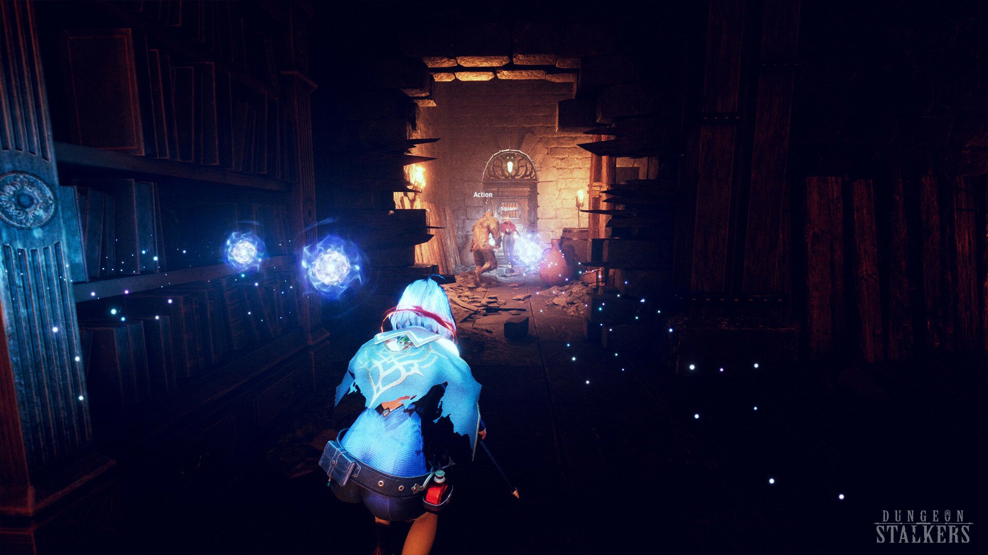 HD desktop wallpaper featuring a scene from the video game Dungeon Stalkers, showing a character navigating a dark corridor with glowing orbs and an illuminated exit in the background.