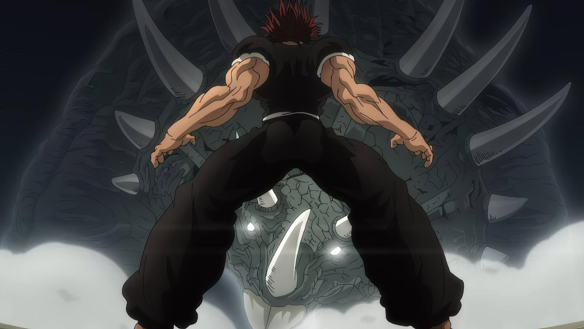Yujiro Hanma from the anime Baki Hanma stands defiantly against a giant creature with multiple horns. This HD desktop wallpaper captures the intense atmosphere of the scene.