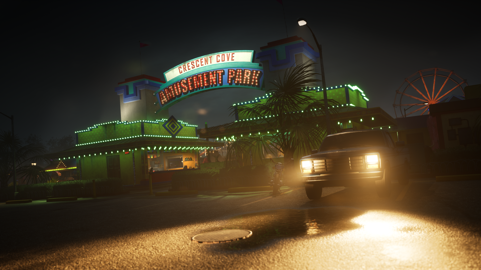 A HD desktop wallpaper featuring an eerie nighttime scene from the video game Killer Klowns from Outer Space: The Game, showing the Crescent Cove Amusement Park lit with neon lights and a car in the foreground.