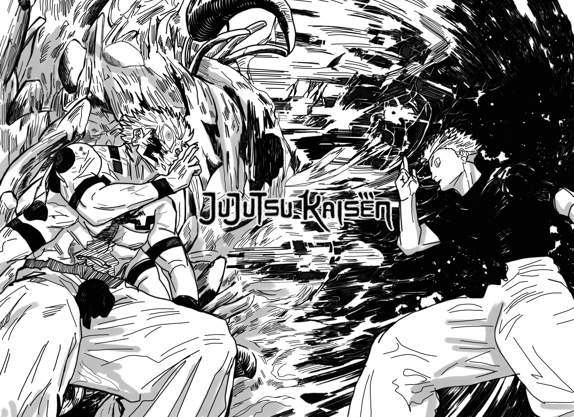Dynamic Jujutsu Kaisen scene featuring an intense battle between Gojo and Sukuna, rendered in striking black and white, showcasing 8K Ultra HD detail for a captivating desktop background.