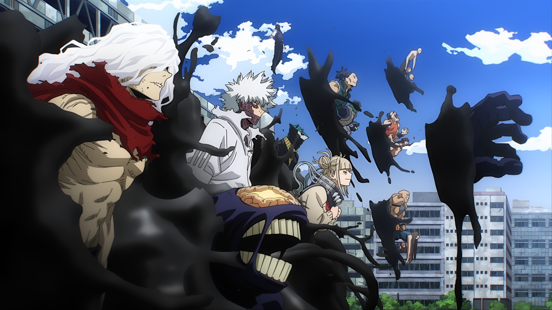 A vivid 4K Ultra HD desktop wallpaper featuring dynamic characters from the anime My Hero Academia in action amidst a cityscape under a bright blue sky.