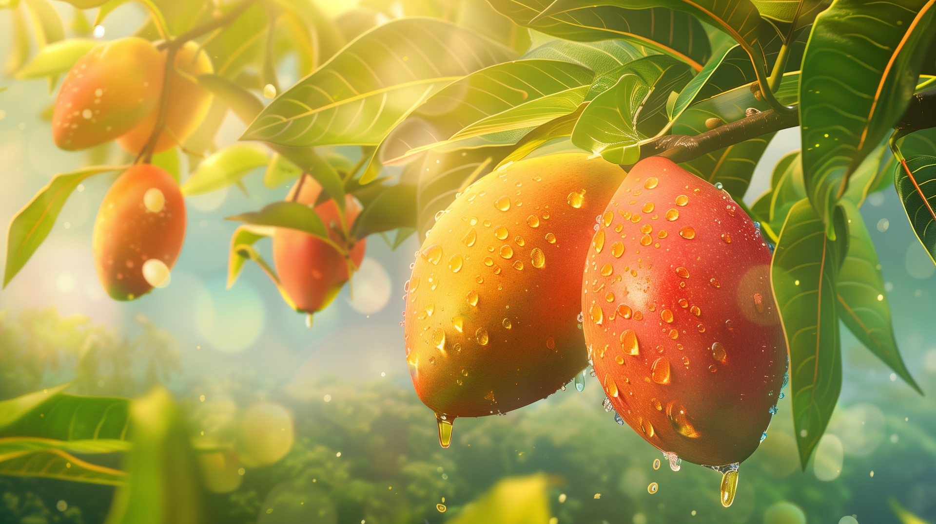 Vivid HD wallpaper featuring fresh, dewy mangos hanging from a branch with lush green leaves in a beautifully lit, serene background.