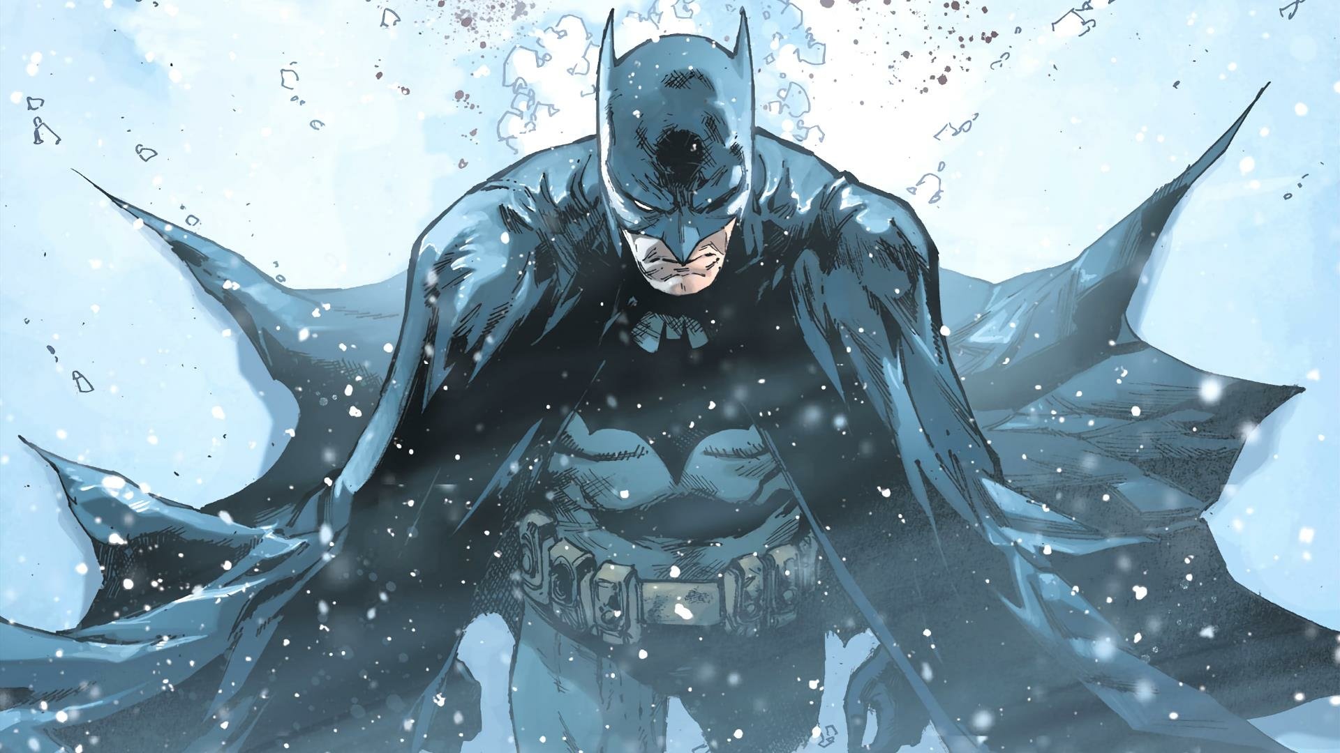 HD PC desktop wallpaper featuring Batman in a dynamic snowy scene, illustrated by Tony Daniel with detailed shadows and flowing cape.