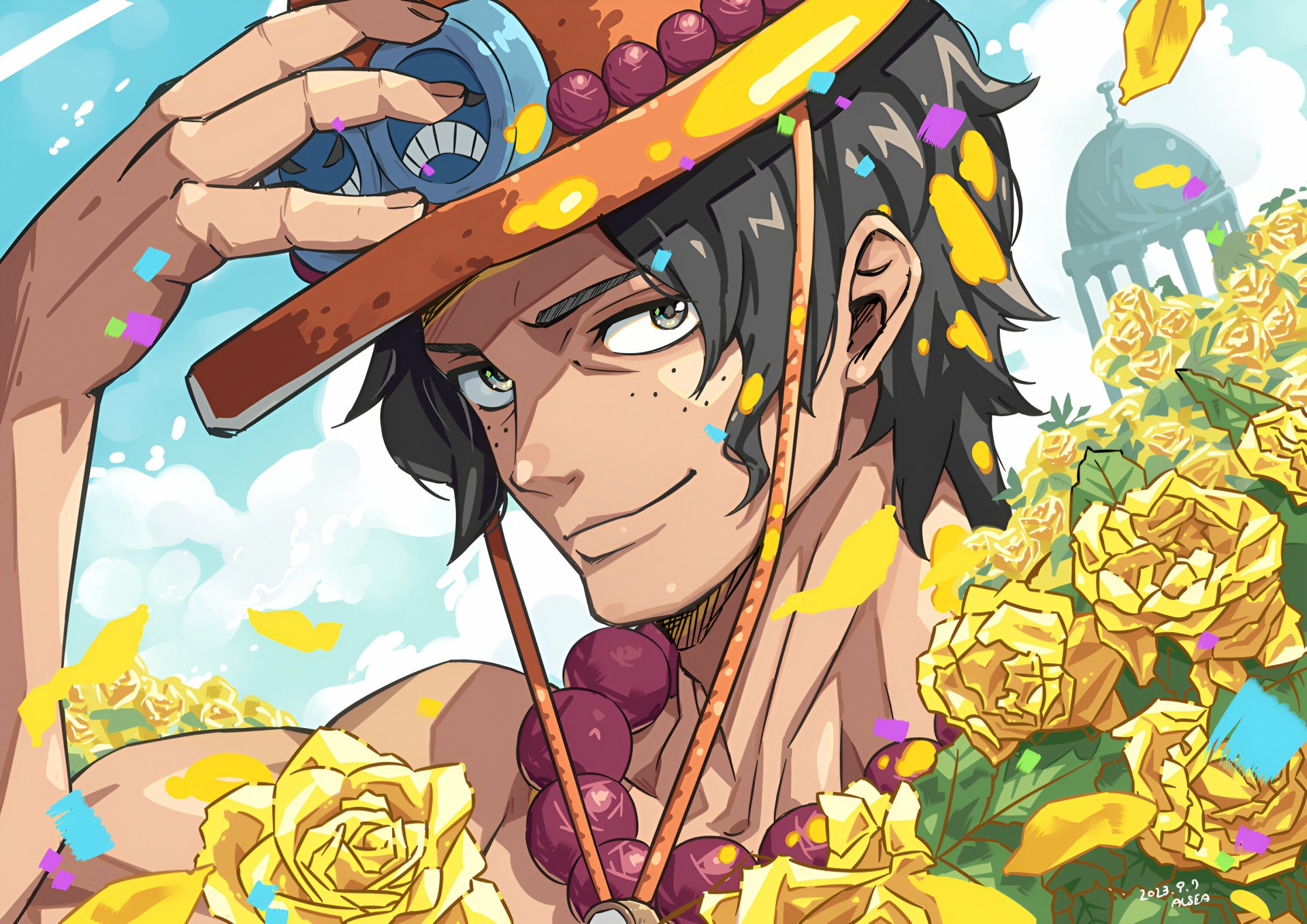 Anime art of One Piece's Portgas D. Ace tipping his hat amid yellow roses and beads, bright sky — 2K Quad HD PC desktop wallpaper/background.