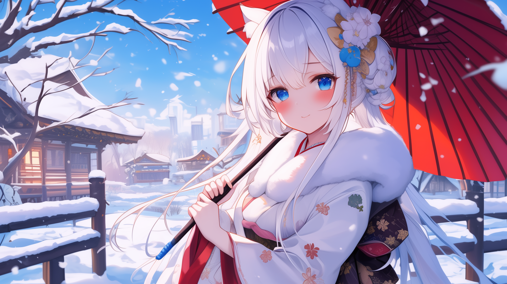 Anime Azur Lane HD desktop wallpaper featuring a serene winter scene, with a character in traditional Japanese attire holding a red umbrella against a snowy background.