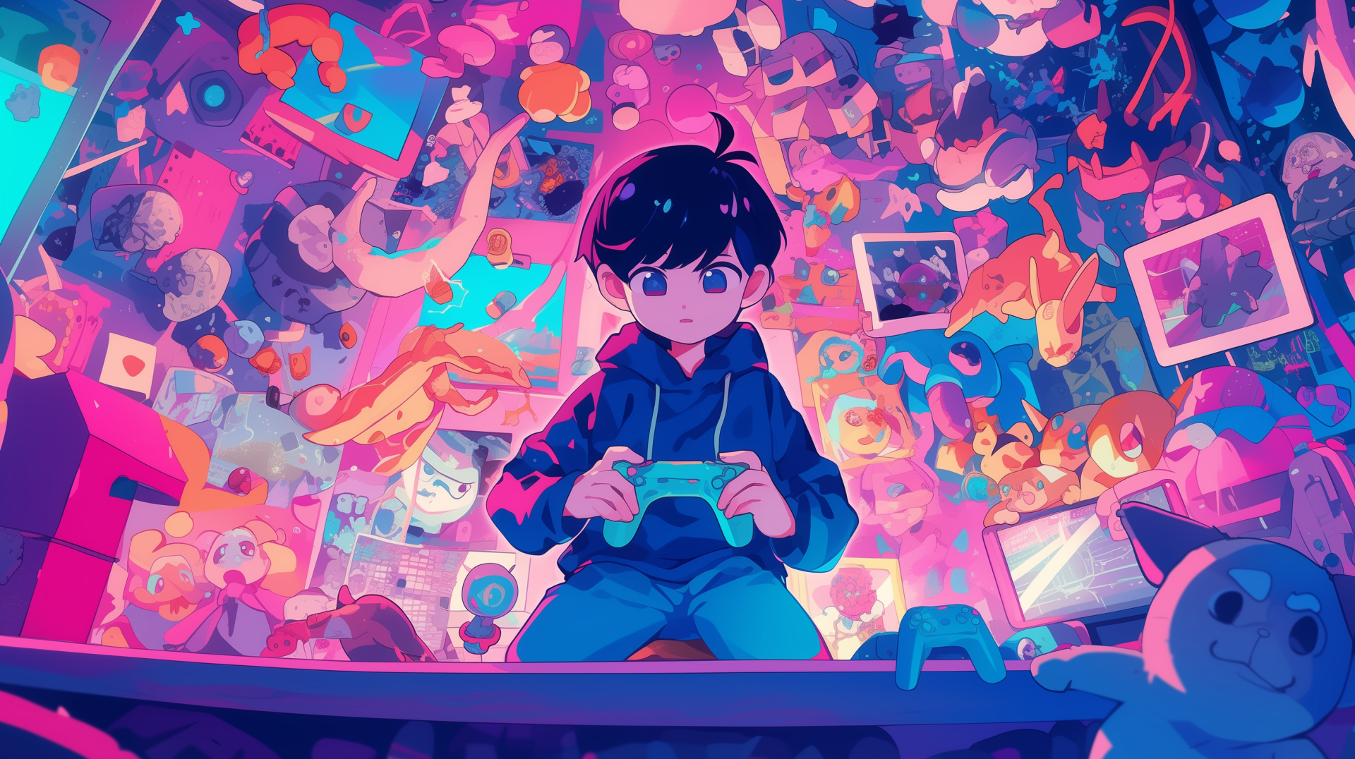 HD desktop wallpaper featuring Hero from the video game OMORI, surrounded by vibrant, colorful elements from the game world, holding a game controller and immersed in a fantastical environment.