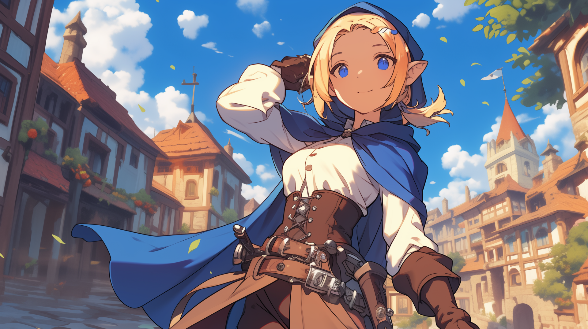 HD wallpaper and background featuring the anime character Marcille Donato from Delicious in Dungeon. Marcille stands confidently in a medieval town, adorned in adventurous attire with a bright blue sky above.