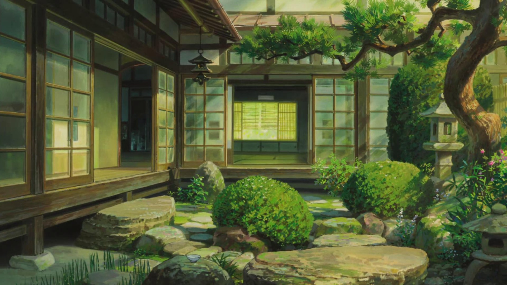 Anime HD desktop wallpaper featuring a serene Japanese garden scene from Studio Ghibli's The Wind Rises, with lush greenery and traditional wooden architecture.