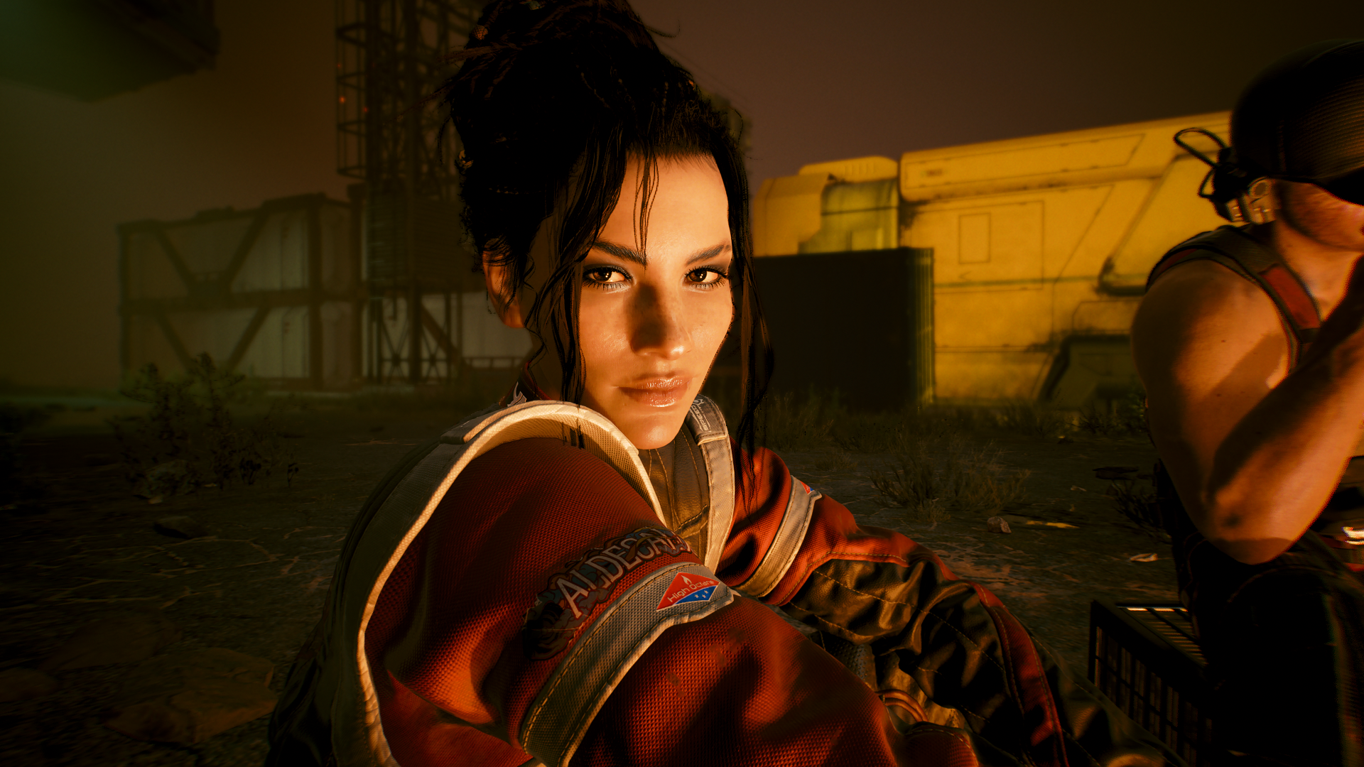 HD PC desktop wallpaper featuring Panam Palmer from Cyberpunk 2077: Phantom Liberty in a detailed, atmospheric nighttime scene.