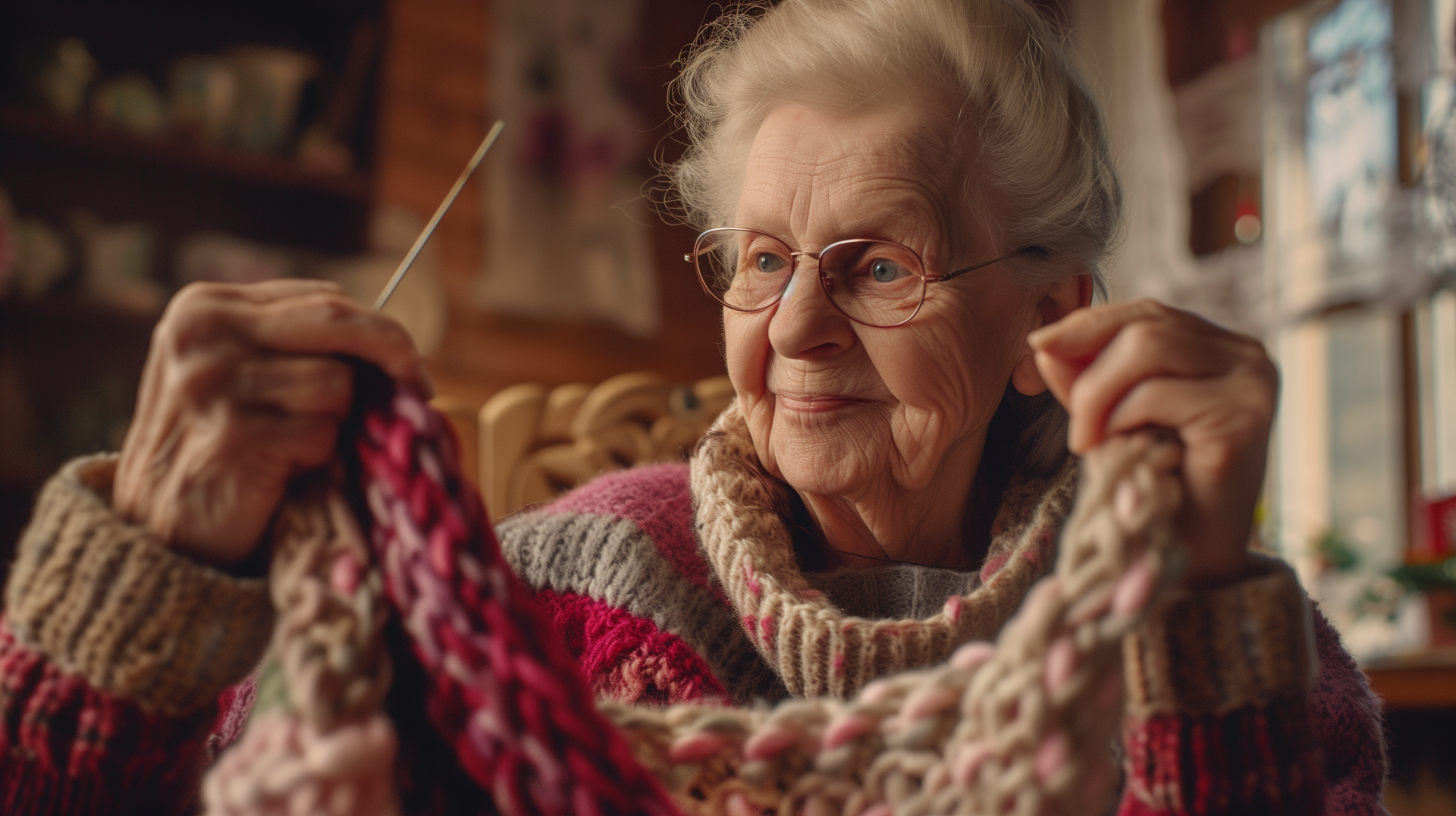 An elderly woman wearing glasses and a cozy sweater smiles warmly as she knits a colorful blanket in a well-lit, homely setting. This HD desktop wallpaper exudes comfort and craftsmanship.
