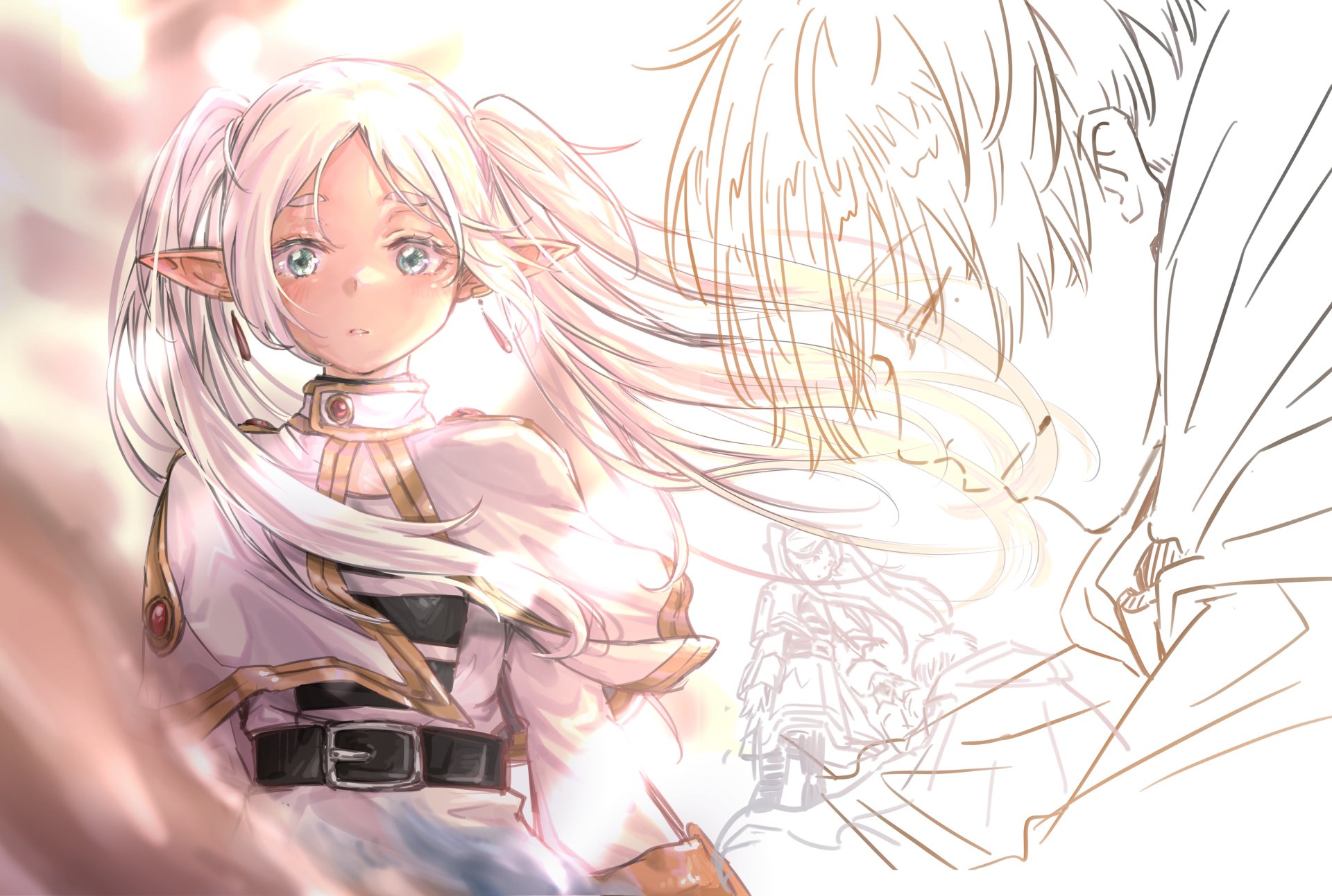 Anime-style 4K Ultra HD wallpaper featuring Frieren and Himmel from Frieren: Beyond Journey's End, with soft lighting and detailed character focus.